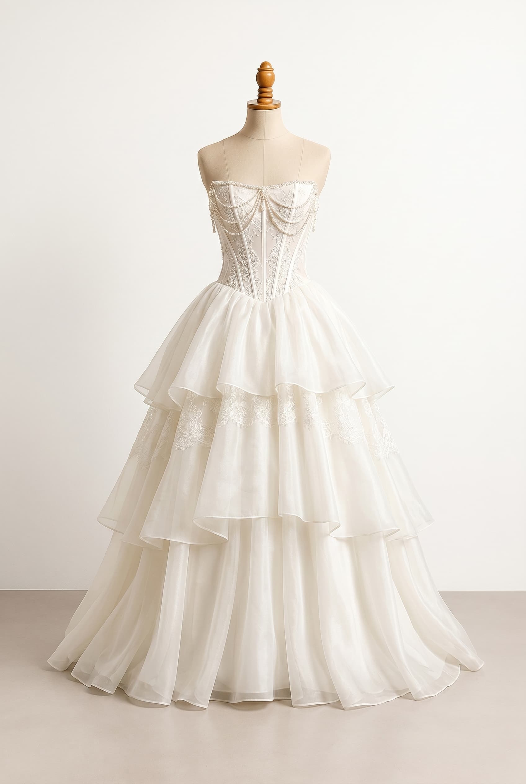 Revealing wedding dress in Ivory with a structured fitted corset bodice featuring dense draped beading with added strings of pearls and seamless construction without visible boning and a voluminous tiered ball gown skirt with messy asymmetrical layers of varying lengths for extra volume and a raw airy romantic and antique edge