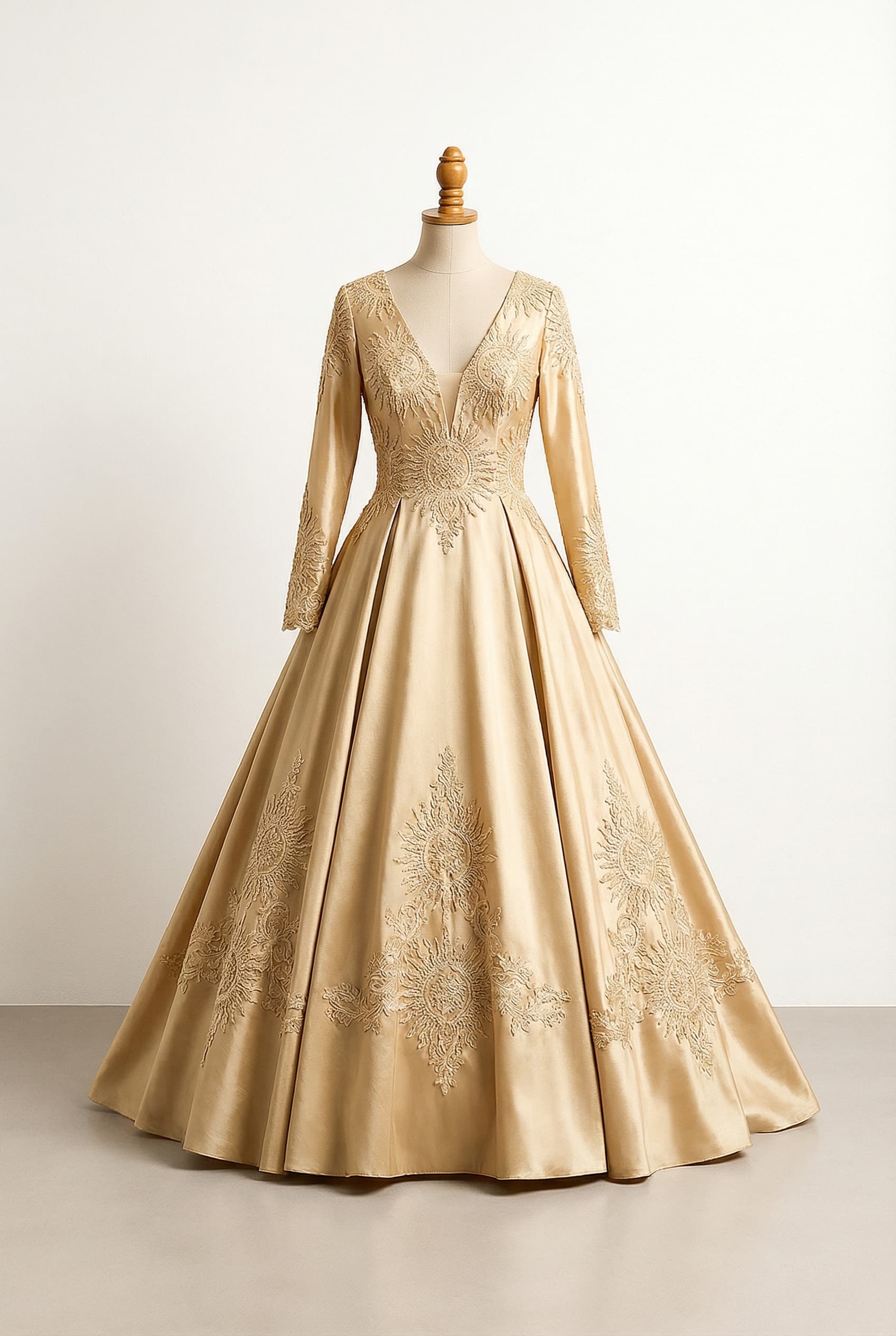 A romantic wedding dress with elegant details in champagne color and lace resembling sun shapes.