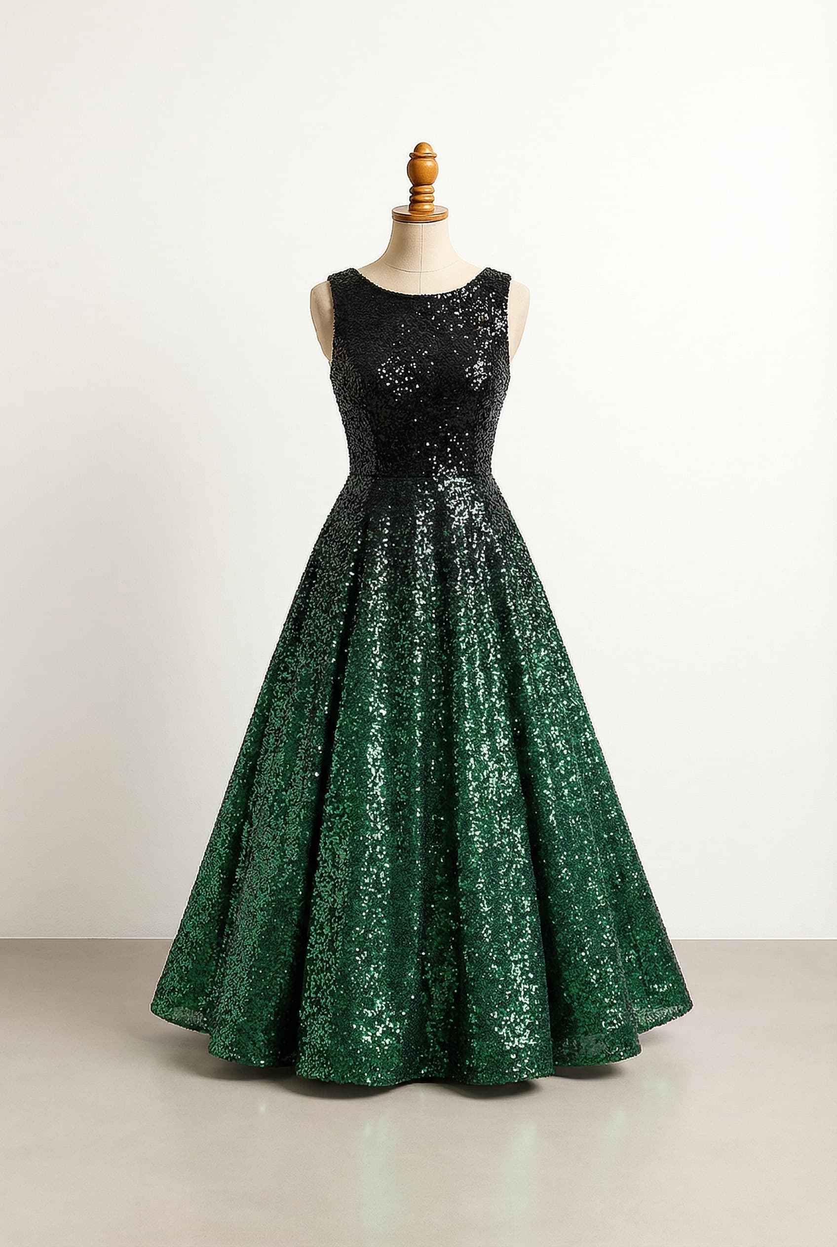 I want a balanced prom dress with a shimmery black top and green bottom