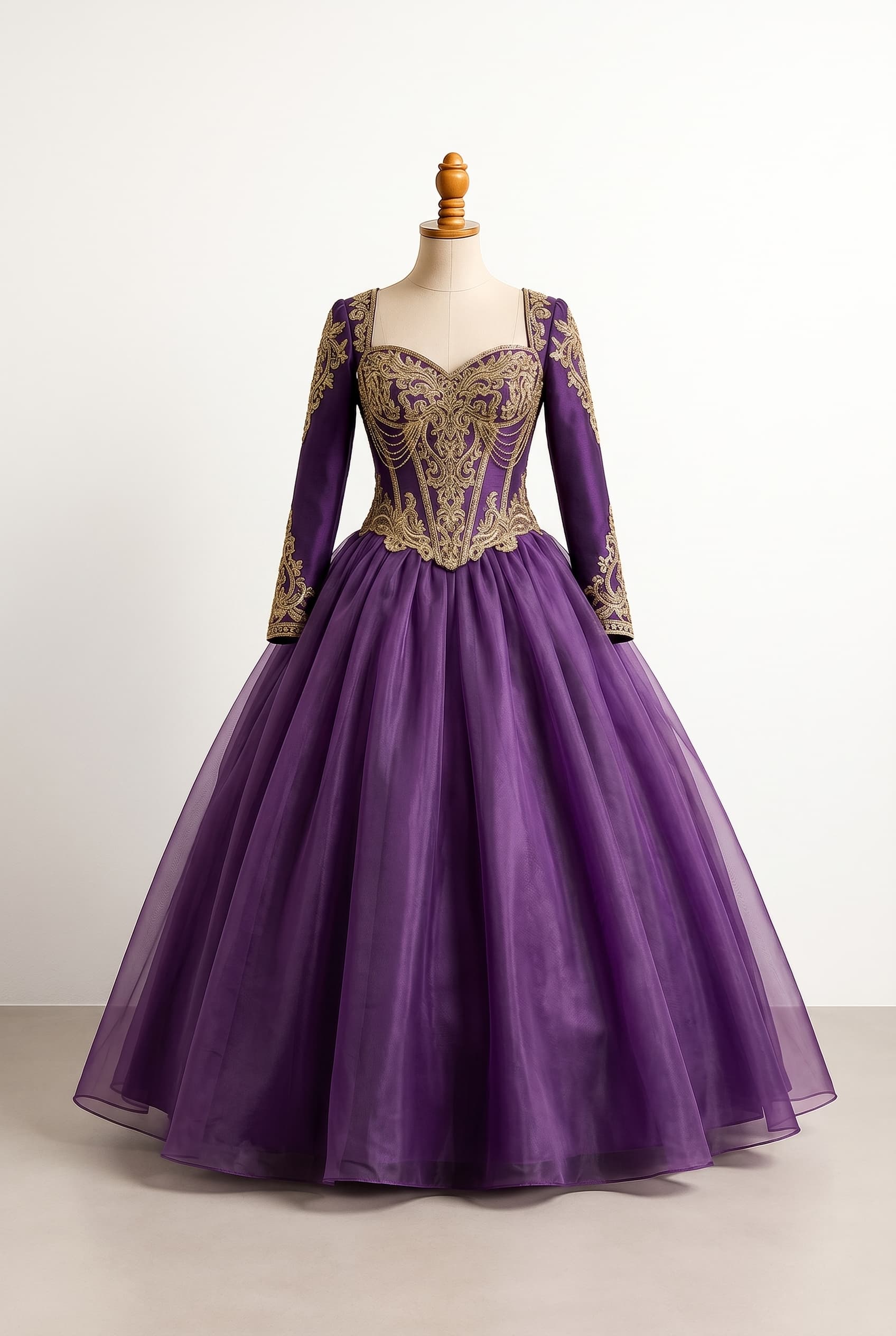 Balanced quinceaera dress in purple and gold medieval style with a structured corset sweetheart neckline metallic embroidery and cascades throughout the bodice, floor length, traditional long sleeves, sheer unadorned skirt