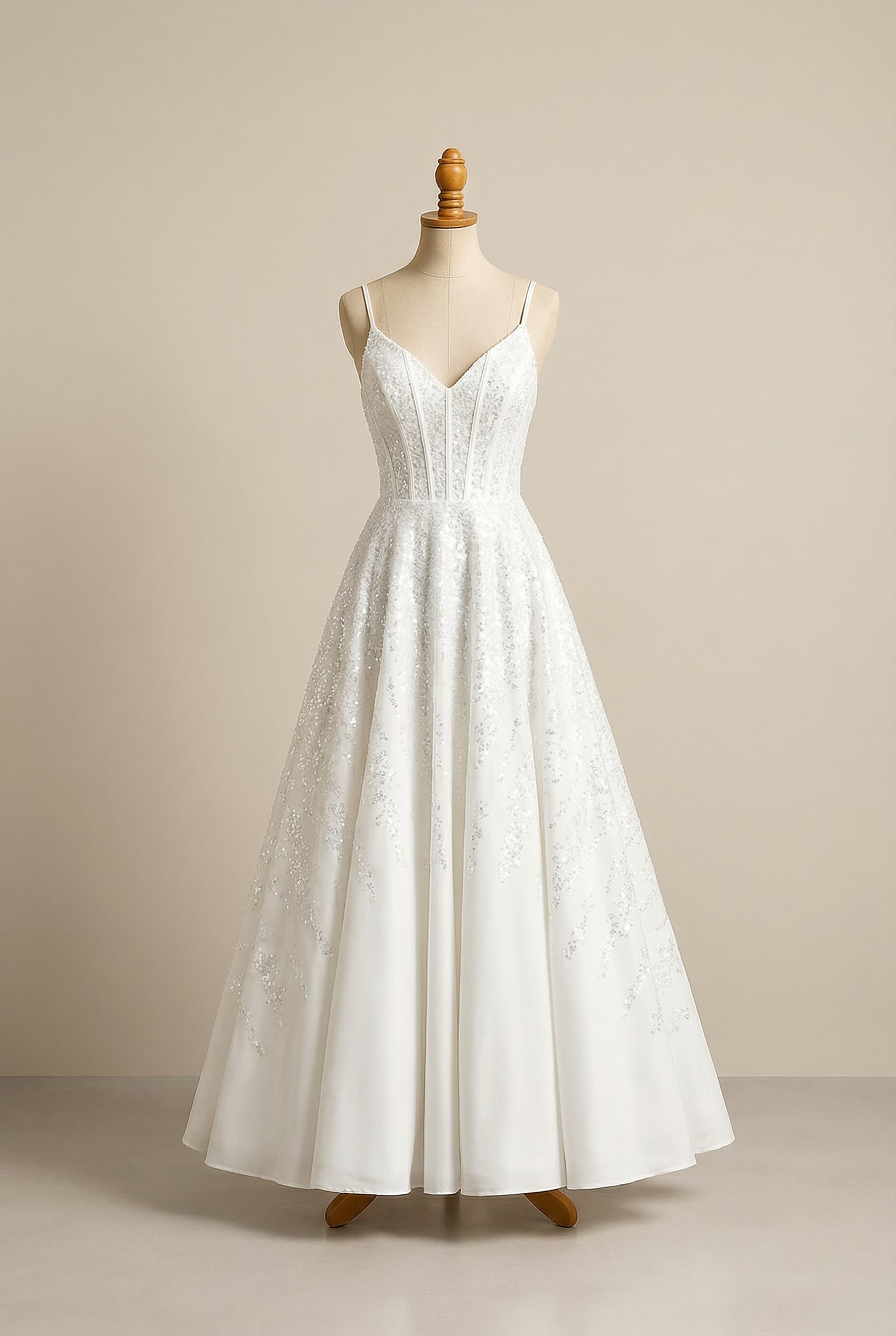 Glamorous white prom dress with a tight-fitting corset bodice, V-neck, spaghetti straps, Fit & Flare silhouette, floor length, and tasteful sequin embellishment.