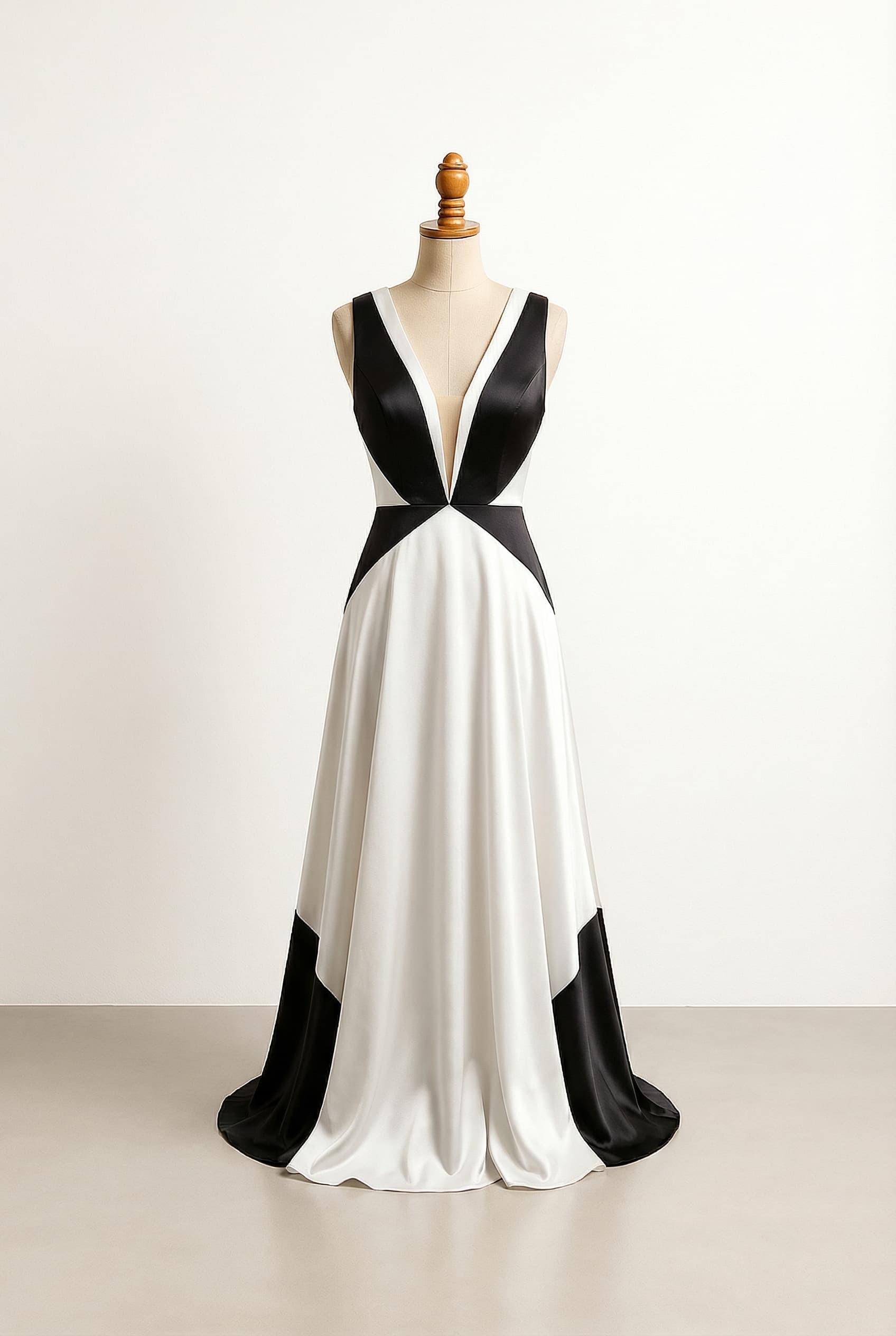 I want a balanced prom dress in black and white, floor length, sleeveless, with a Plunge - Deep dramatic V-neck