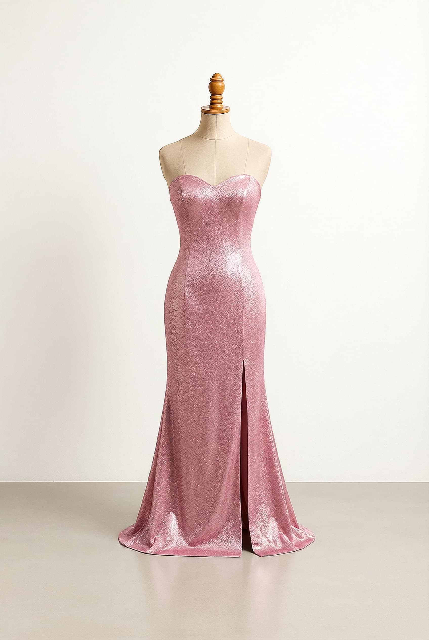 Tight floor length sweetheart neckline glittery satin slit skirt dress in pink or red