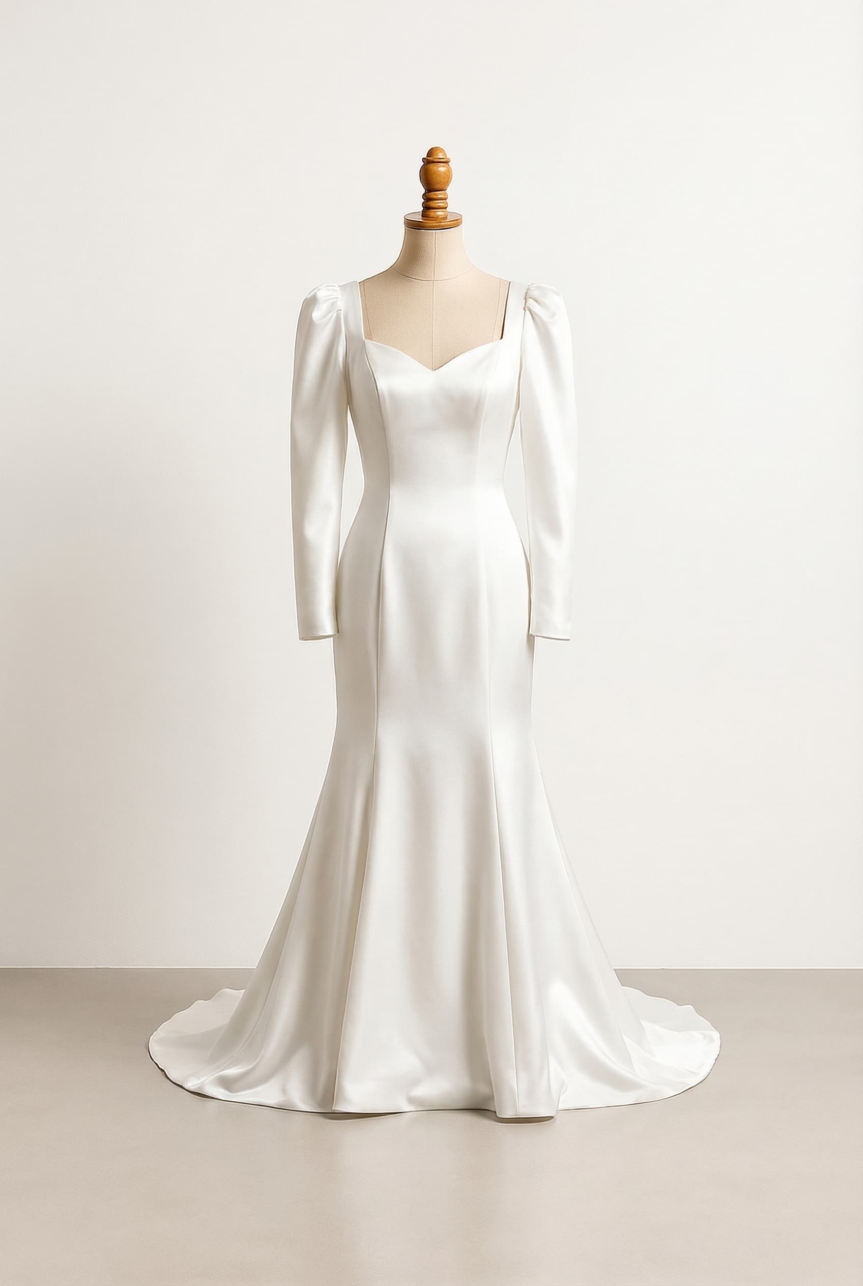 I want a balanced wedding dress with a fit and flare silhouette and more voluminous leg of mutton sleeves with floral lace appliques