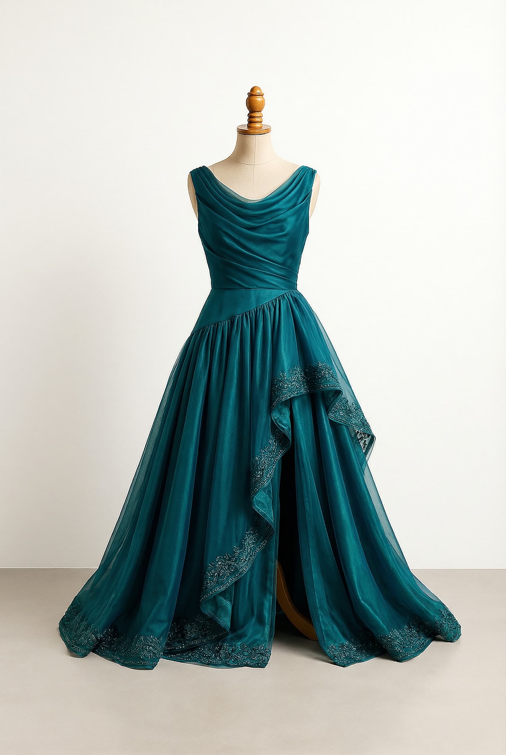 Glamorous prom dress, flowy and voluminous with a slit, featuring layers and borders; corset bodice; low, layered draped neckline; fur borders highlighting corset edges; tulle lining creating a sheer effect under cotton skirt layers