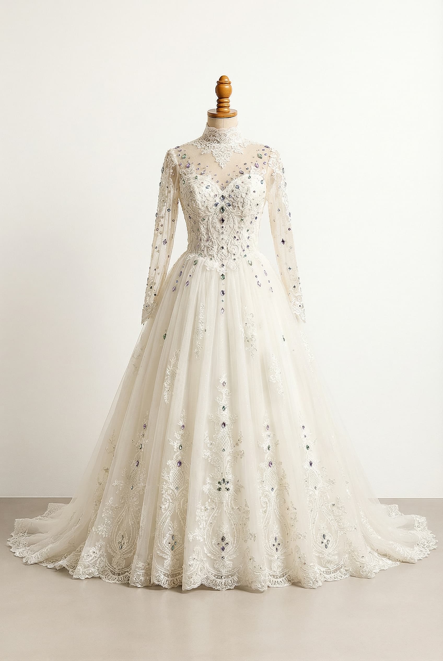 A stunning Ethereal Victorian Fairy Princess Wedding ballroom dress made of lace and tulle off the shoulder that has a stunning iridescent corset dress color ivory with sage, lavender, and powder blue gem and rhinestone accents with a line chest shimmering see through sleeves with colorful rhinestone diamonds small elegant iridescent flowing train of butterflies