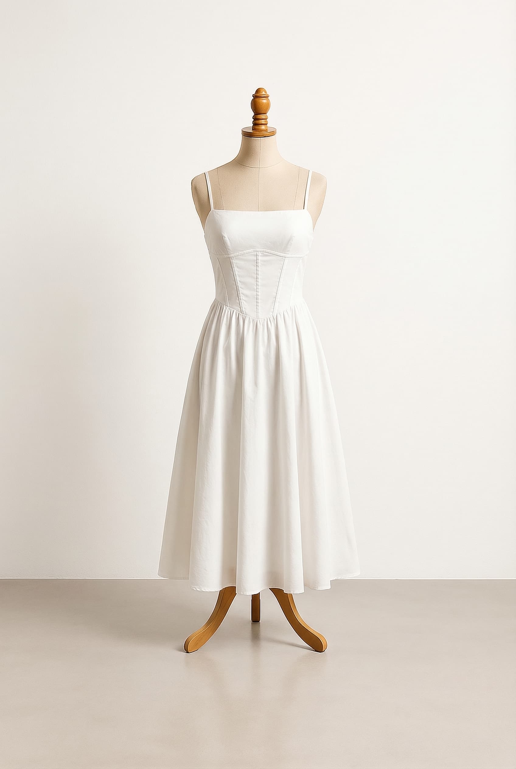 Square neckline spaghetti straps shorter corset style front that goes right into a flowy skirt, lace top, matte fabric