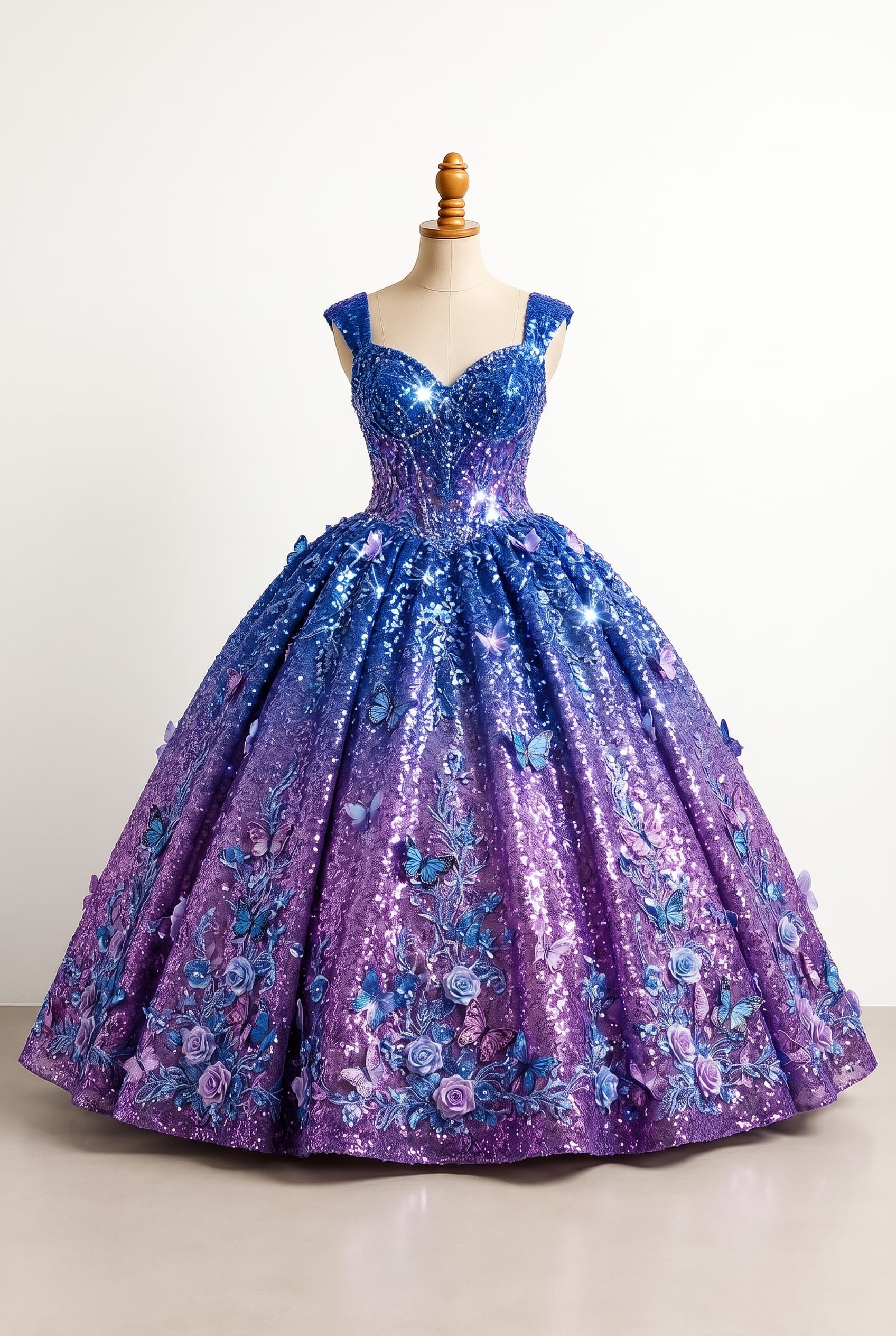 I want a balanced quinceaera dress in blue and purple, featuring butterflies, roses, and sparkle