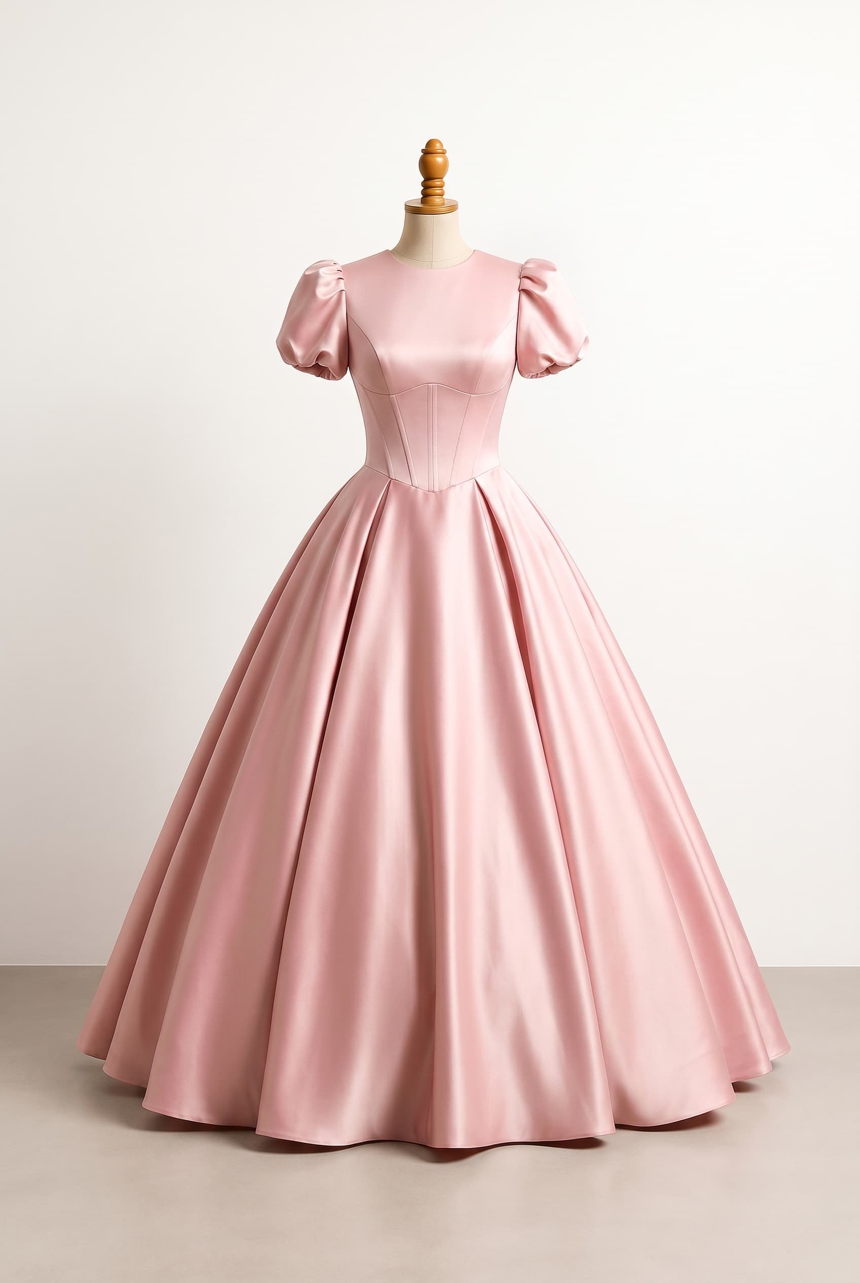 I want a balanced bridesmaid dress with a ball gown princess silhouette in Duchess Satin featuring a crew neckline, a corset bodice, and short puff sleeves