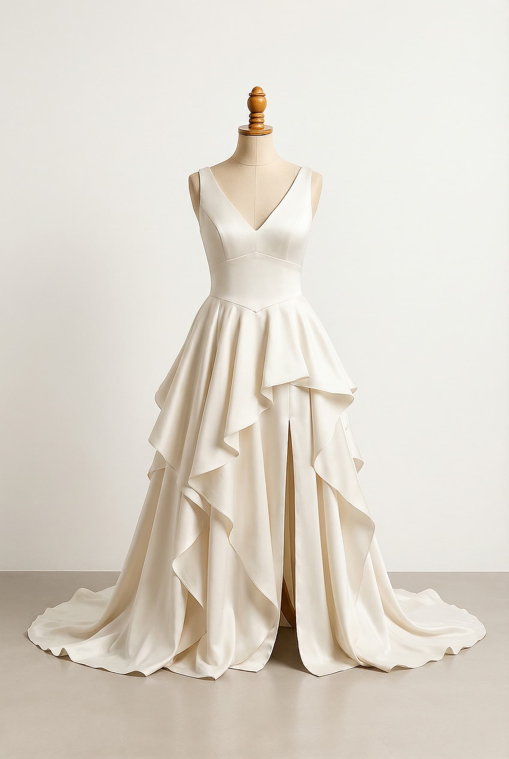 Wedding dress with basque waist and layered ruffles skirt with leg slit