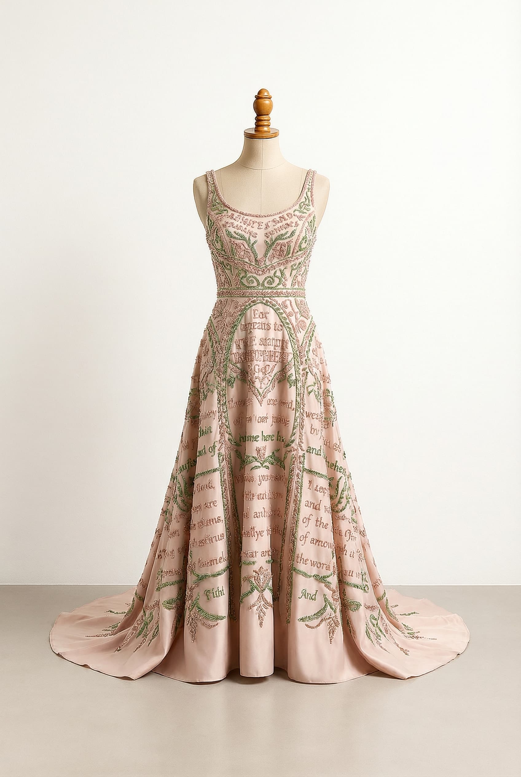 Glamorous prom dress with scripture and text design, featuring beaded embroidery, a blush pink and green contrasting color palette, an elegant bow with unique patterns, and a slight train.