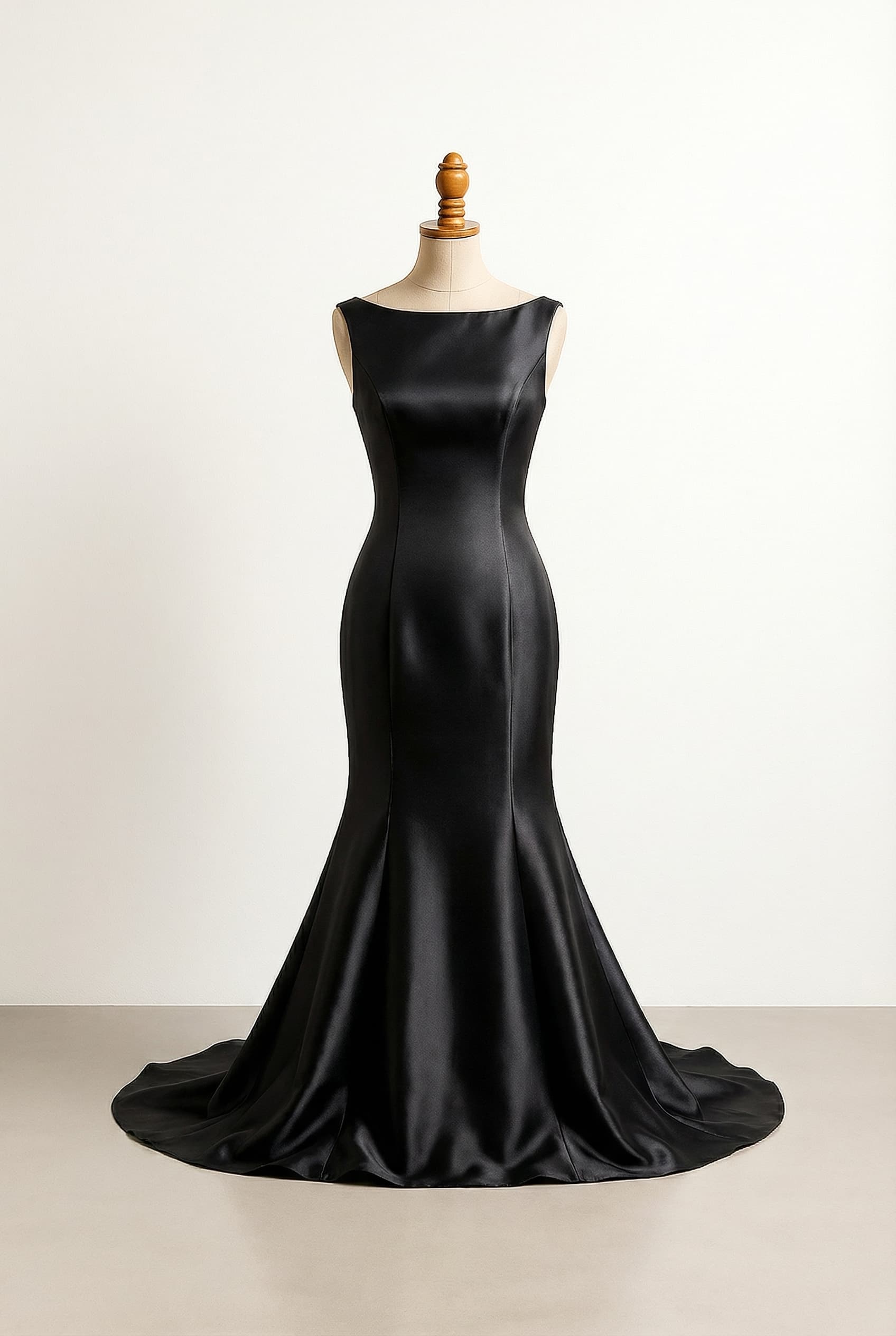 Black luxurious satin mermaid gown with chapel train and bateau strapless neckline
