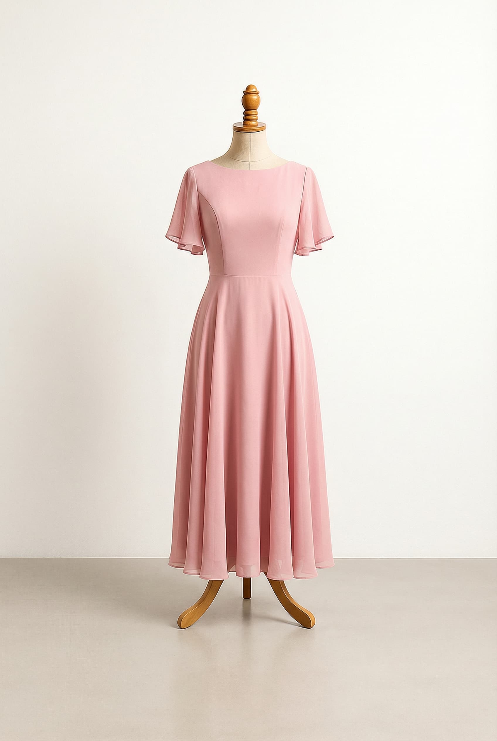 Fitted bodice, boat neckline, short loose gentle flutter sleeves, princess lines starting from the armhole, in chiffon with a full soft wavy, gently gathered A-line skirt flowing from hips to ankles, no seam at waist.