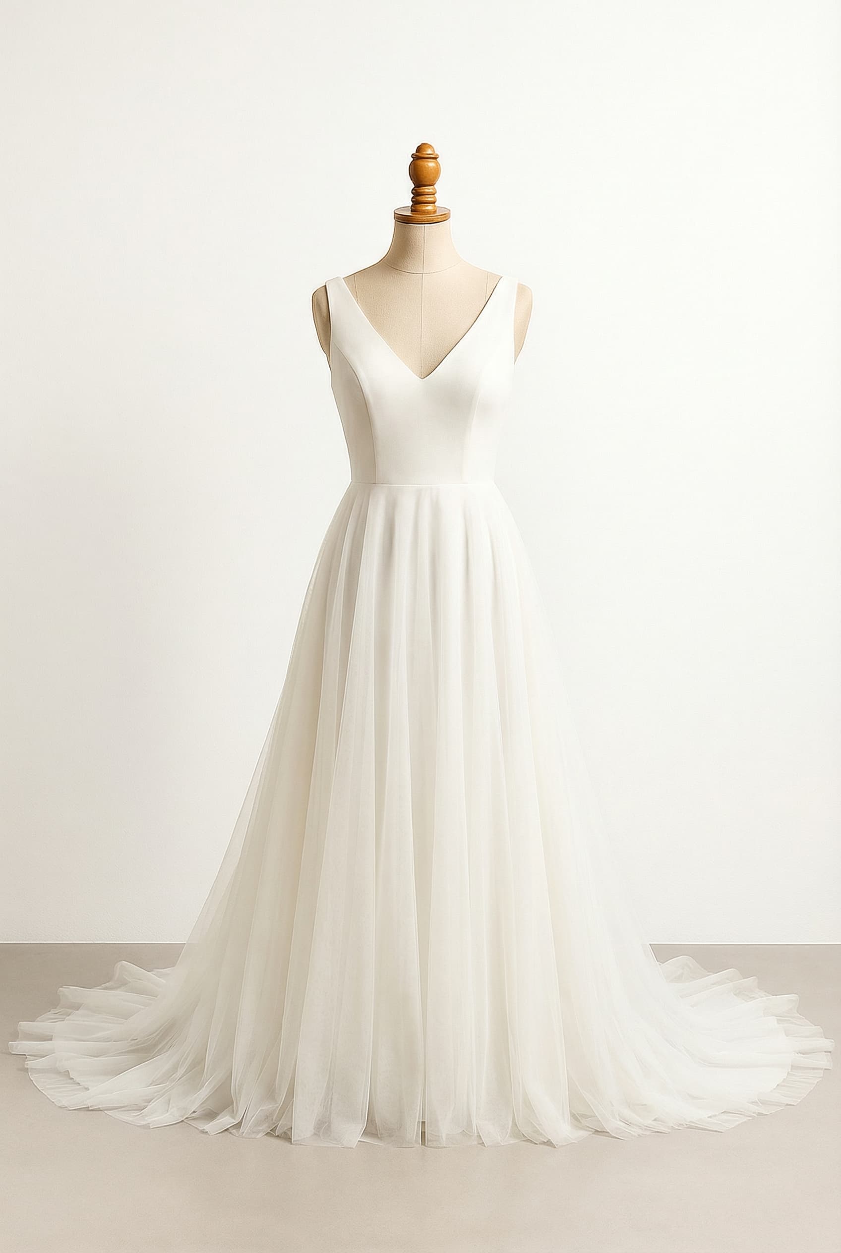 A romantic wedding dress with elegant details, featuring an ivory color, cathedral length train, a classic V-neckline, an A-Line silhouette, a sleeveless design, and a Silk Charmeuse fabric.