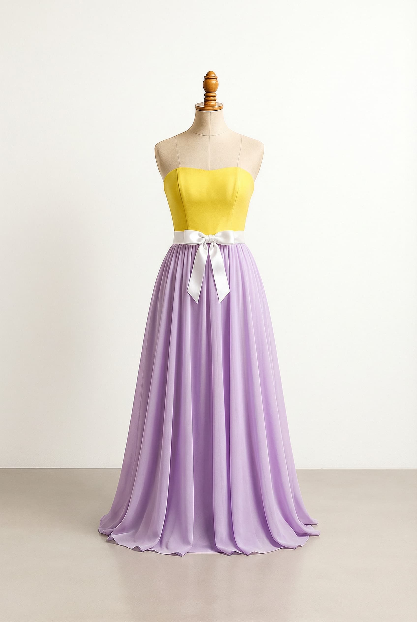 Strapless dress, Bright Yellow bodice, lavender chiffon skirt, white bow around the waist