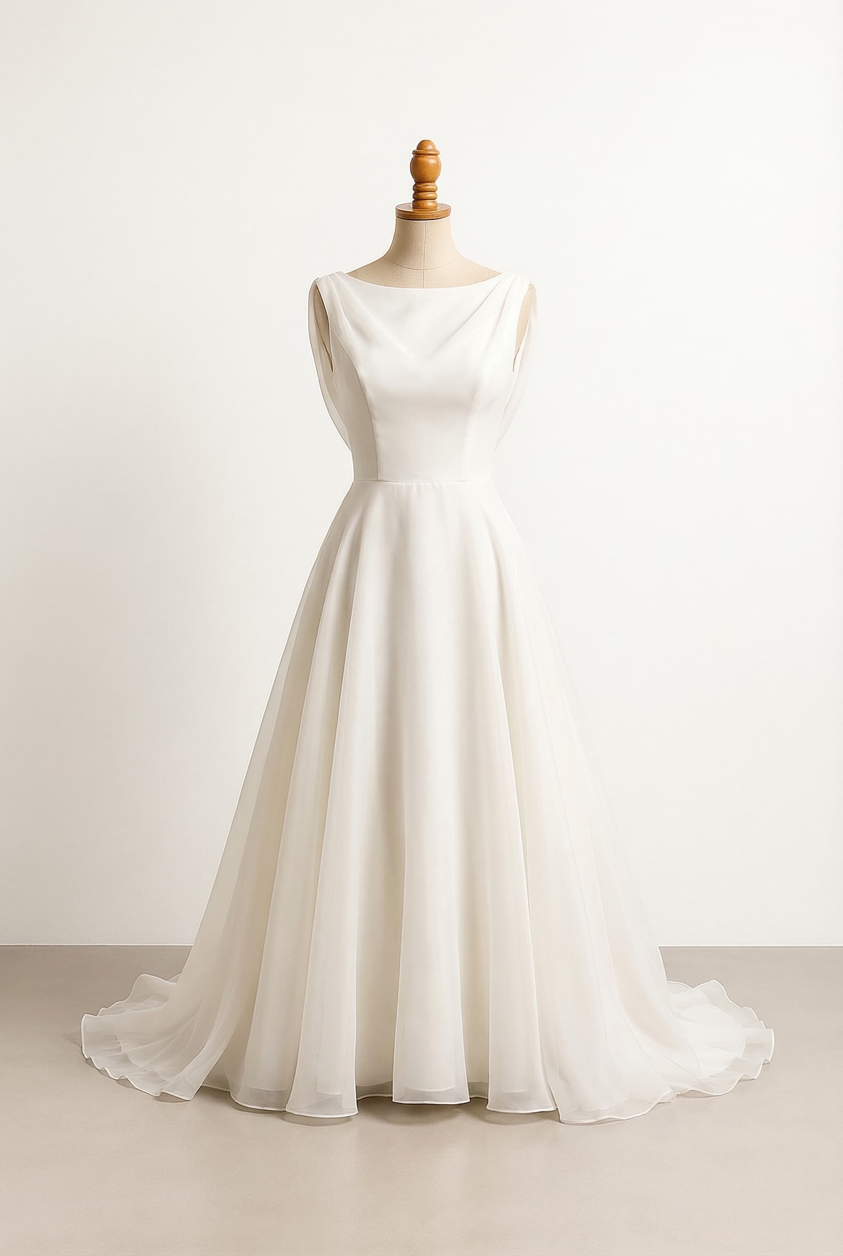 I want a balanced wedding dress with an A-line organza or chiffon fabric skirt, full circle skirt, fitted bodice with slightly dropped waist, sleeveless, draped fabric over bodice, covers shoulders, boat neckline, floor length skirt with subtle train