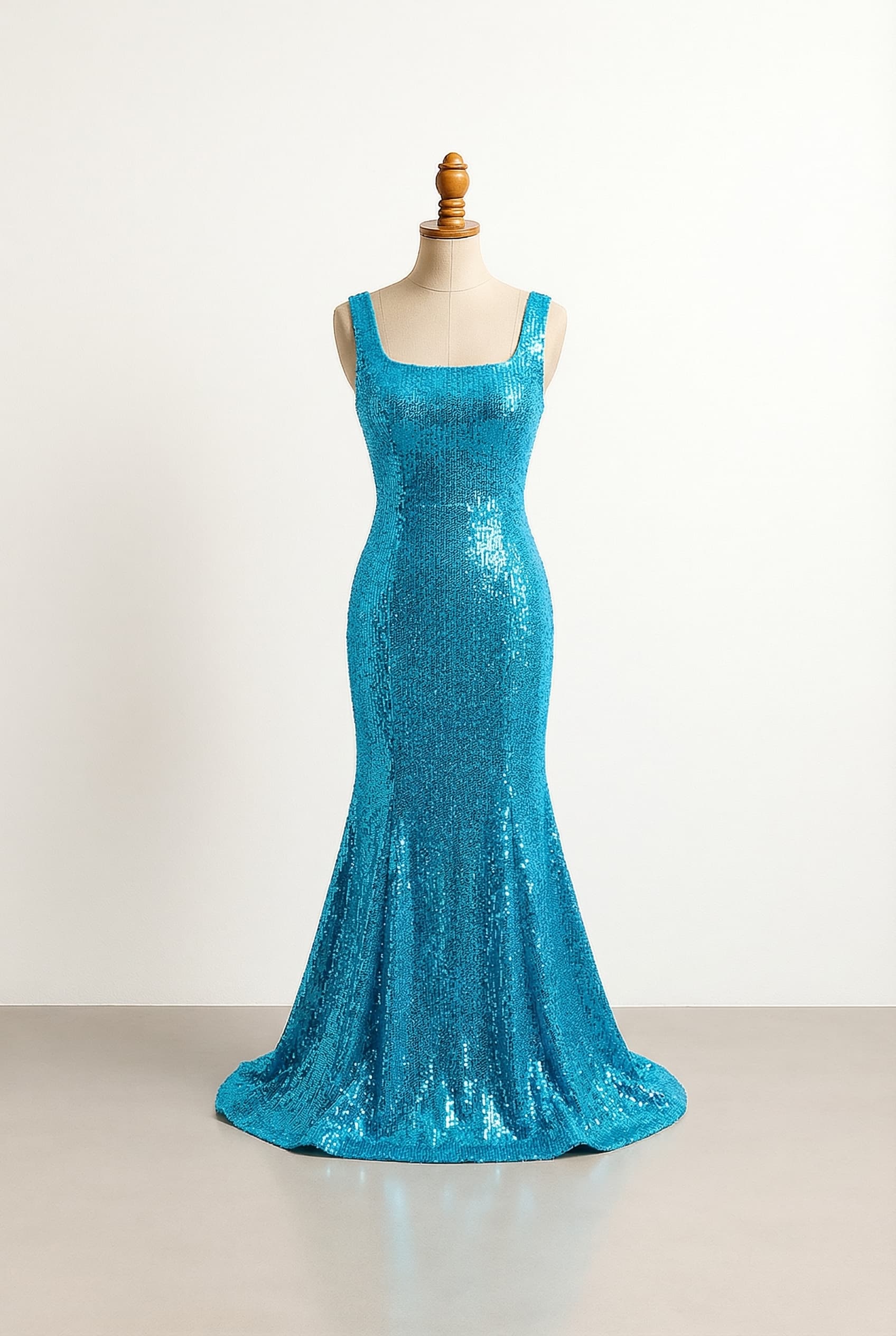 balanced prom dress with an electric cyan mermaid silhouette square neckline and sequin embellishment floor length