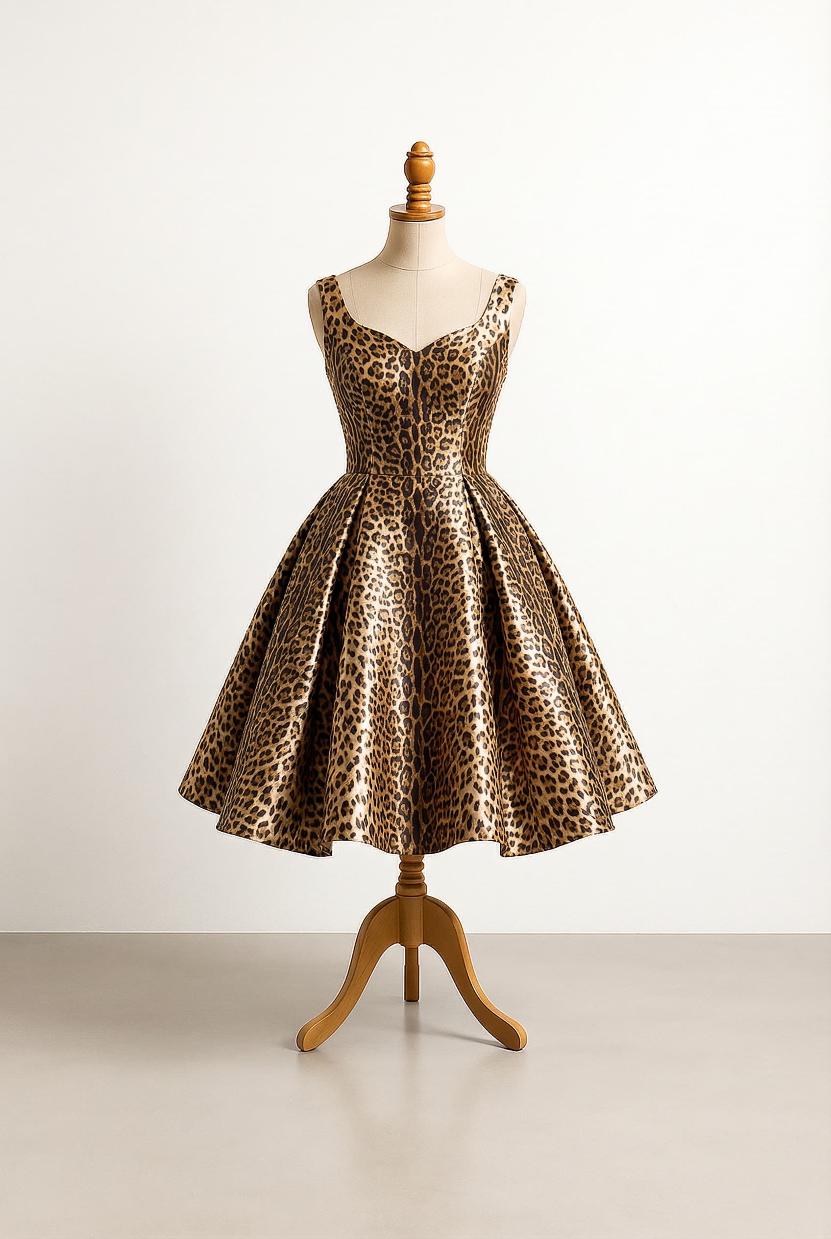 I want a balanced custom dress knee length with a jaguar pattern sleeveless and a sweetheart neckline with a strapless top and added layers of taffeta to the under skirt to make it extra poofy