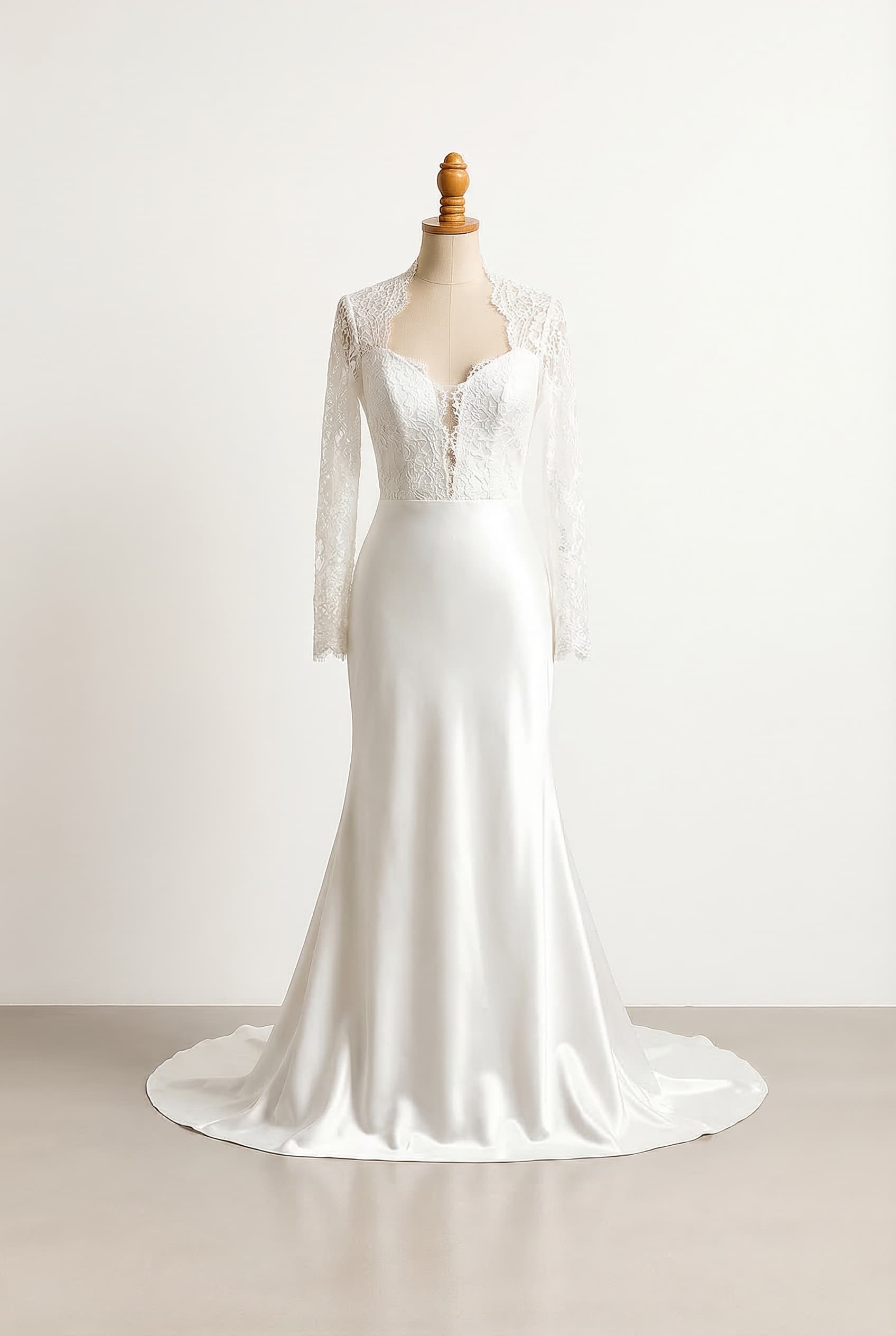 Fitted Lace square v-neck with high neck lace going up the sides of neck open front Lace vs in the front with a satin skirt Chapel - Slight train 1-2 feet past feet long sleeves