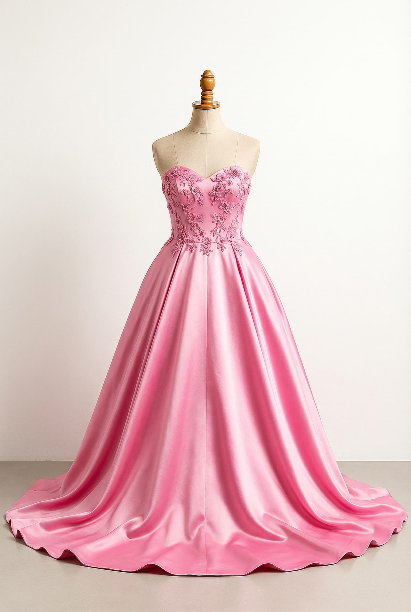 bright pink strapless top big ball gown with flower details and floral imbeading Royal - Very long dramatic train