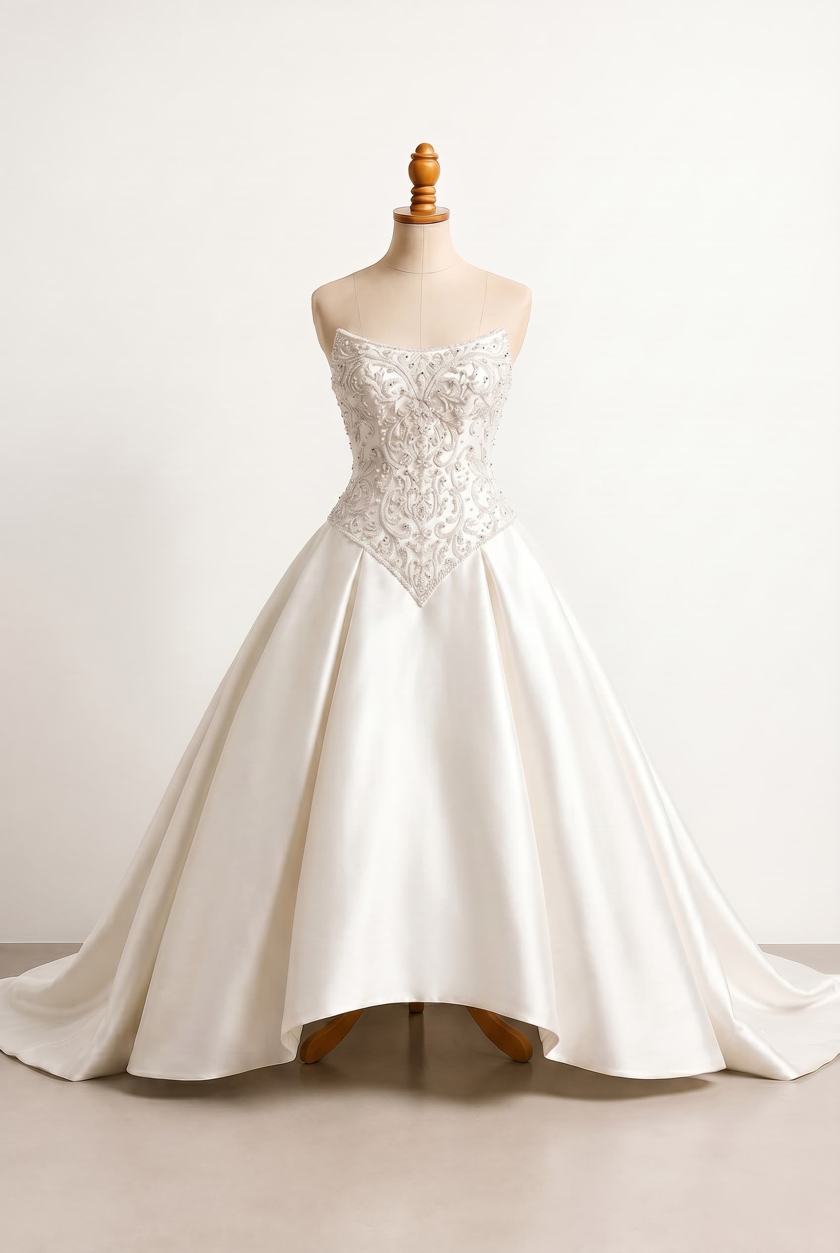 An elegant royal classic wedding dress timeless regal with a structured formal feel royal classic wedding dress with a structured beaded bodice a cat-eye strapless neckline full silk ball gown silhouette with a dramatic drop waist, designed to be extra voluminous and with an extended floor-sweeping length in the front, maintaining a long dramatic train.