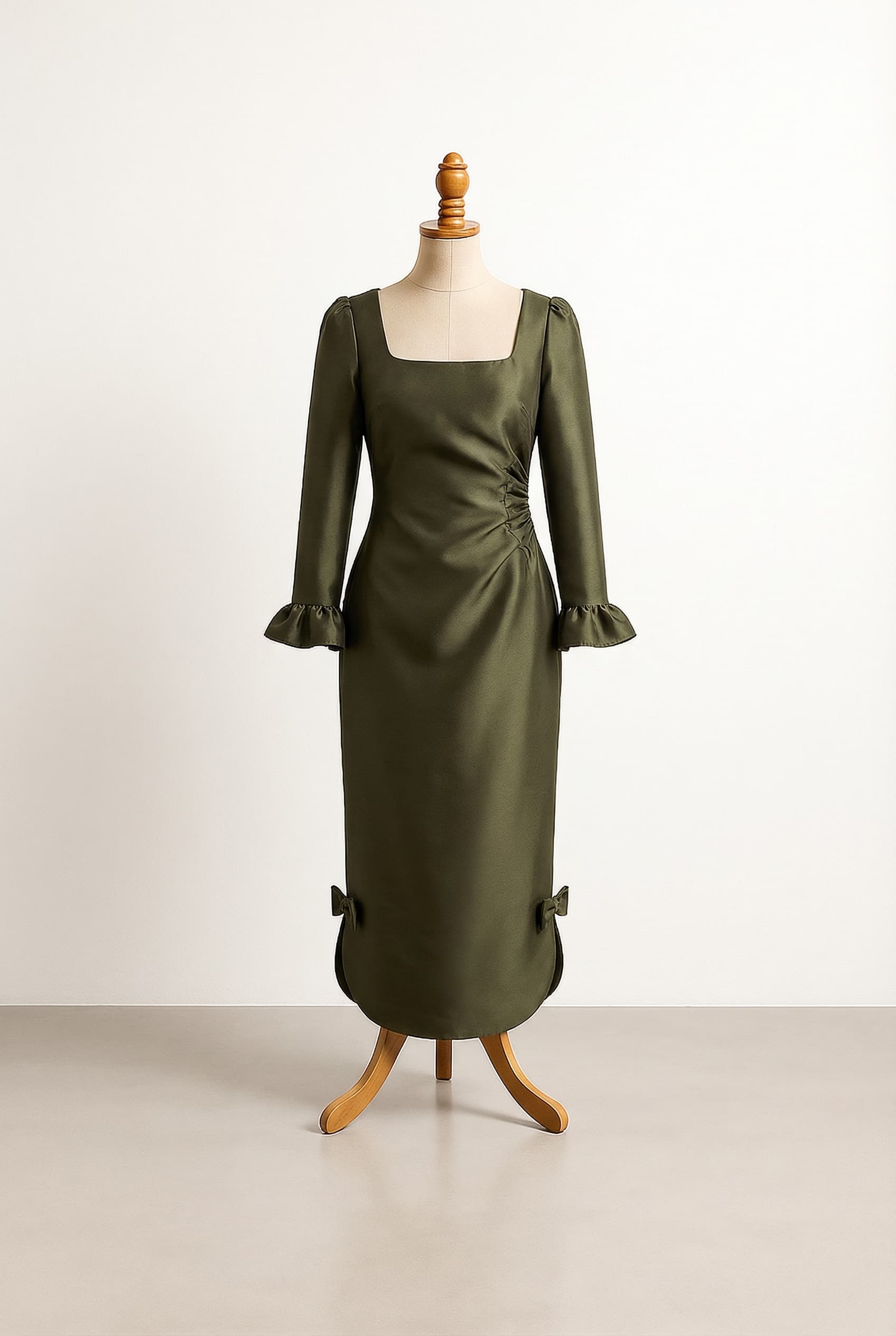 I want a balanced custom dress, dark olive green, long sleeve with ruffles, square neckline, side cinched, two little bows at the hemline.