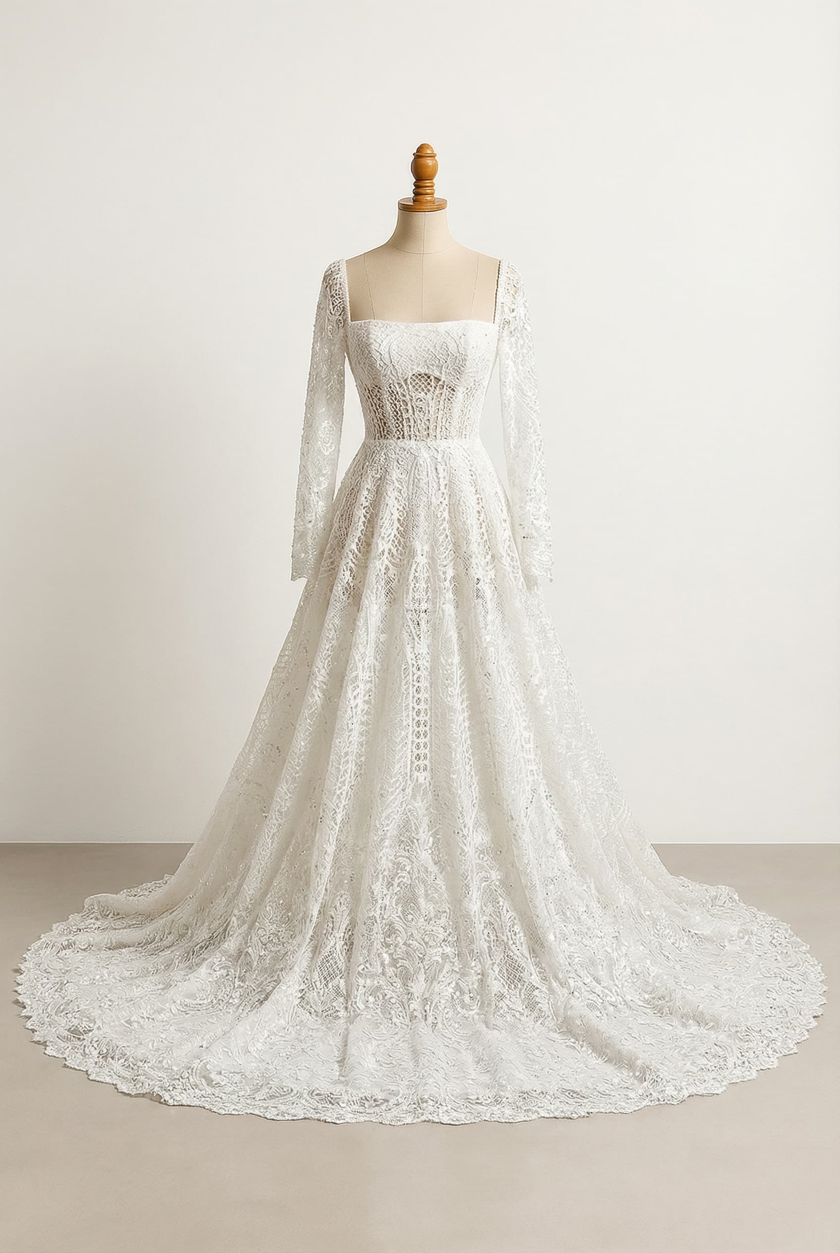 Custom wedding dresses that’s tightly fitted to slim my waist and then below my bellybutton a very long high volume long gown, I want fitted long sleeve that are lace and I want the white dress to have lace and embroidery maybe sparkles on the Train