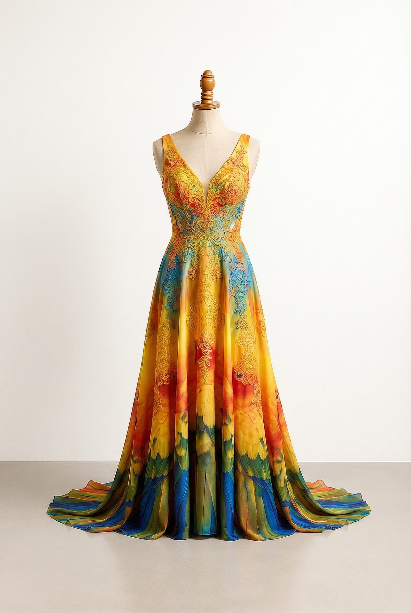 I want a balanced prom dress inspired by a sun conure bird with vivrant colours. The dress should have a chapel or royal length, be sleeveless, and feature a medium-low neckline. The back of the dress will have lace detailing.