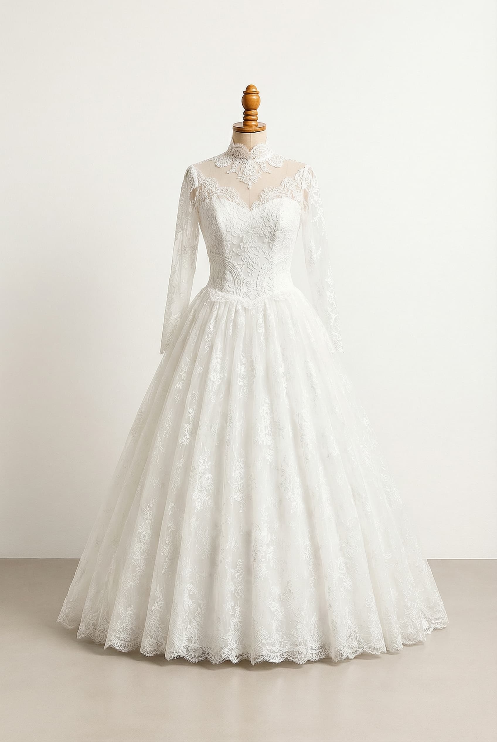 A romantic wedding dress with elegant details, featuring a delicate, scalloped lace collar with no illusion mesh, open in the front forming a triangle shape cutout.