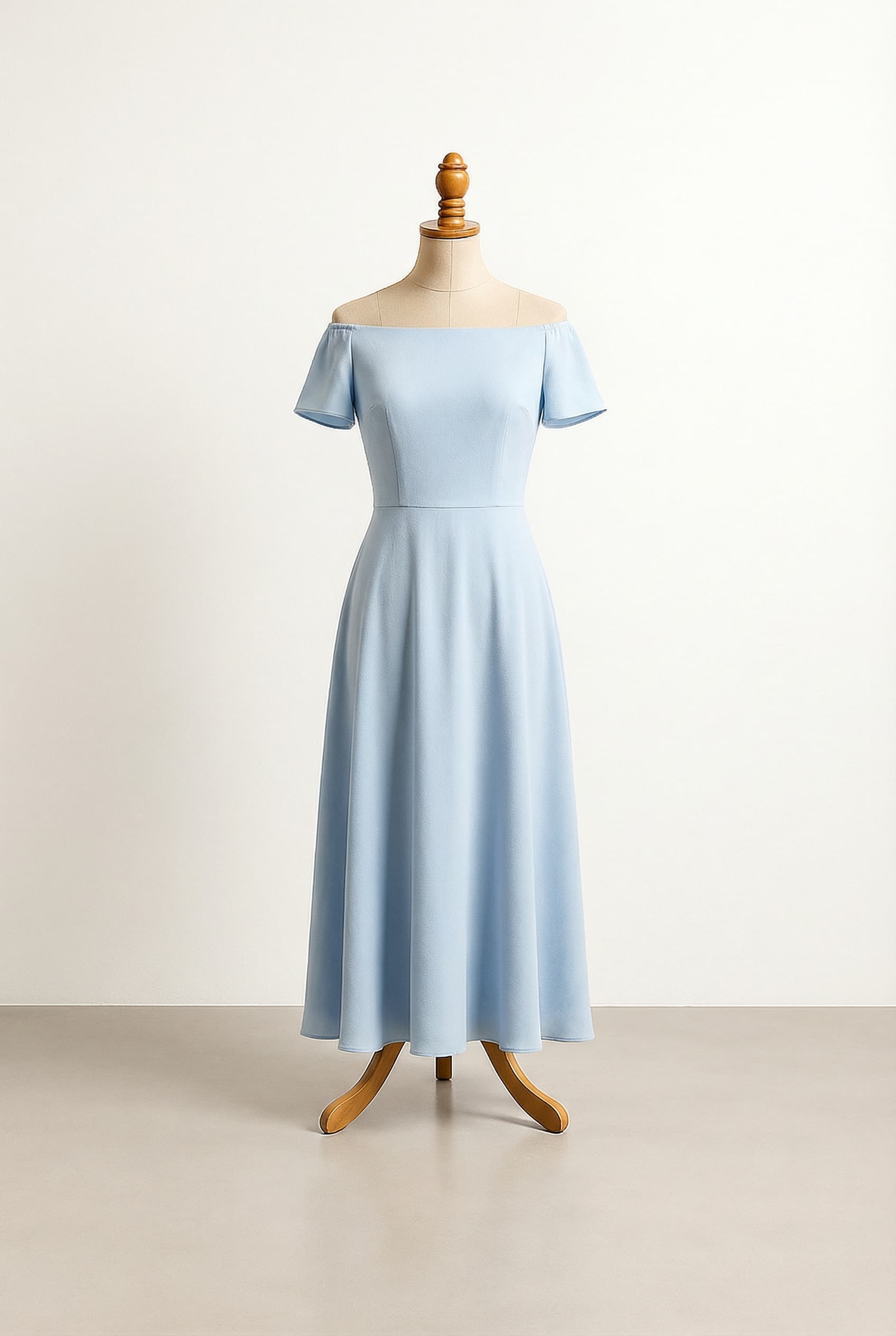 a sky blue wedding dress with an off the shoulders top and a natural waistline