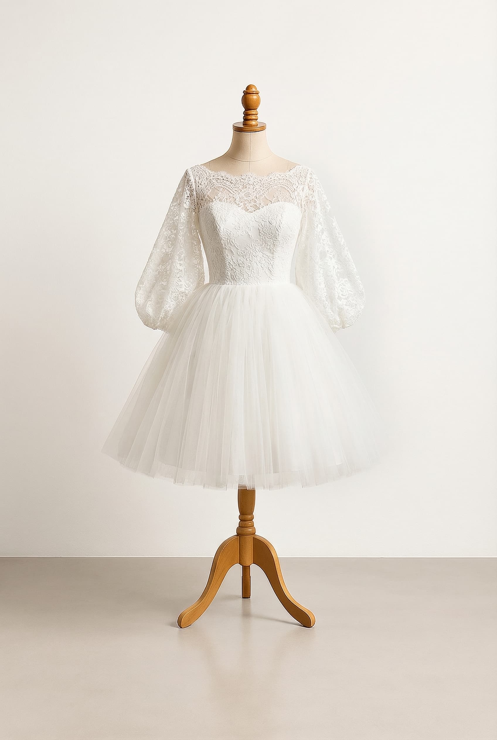 I want a balanced wedding dress short above knee with wide sleeves, and laces sleeves, not ball gown. fitted skirt