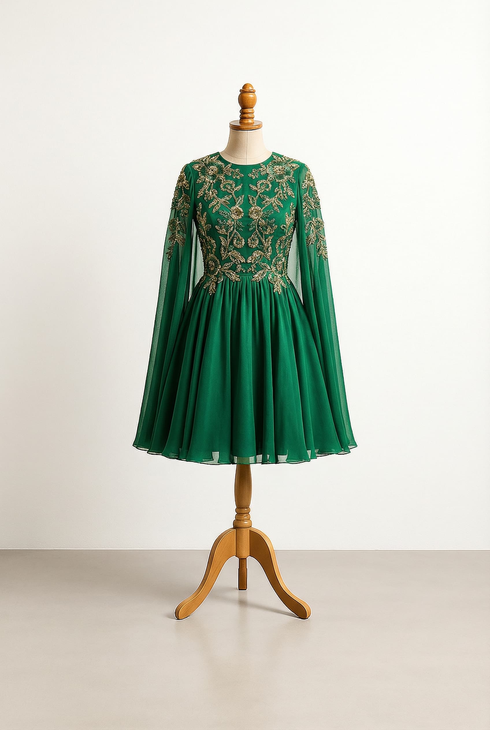 Glamorous prom dress with 2-inch embroidered cap sleeves, a short flowy sheer chiffon cape, a mini flowy skirt, and delicate embroidery details.