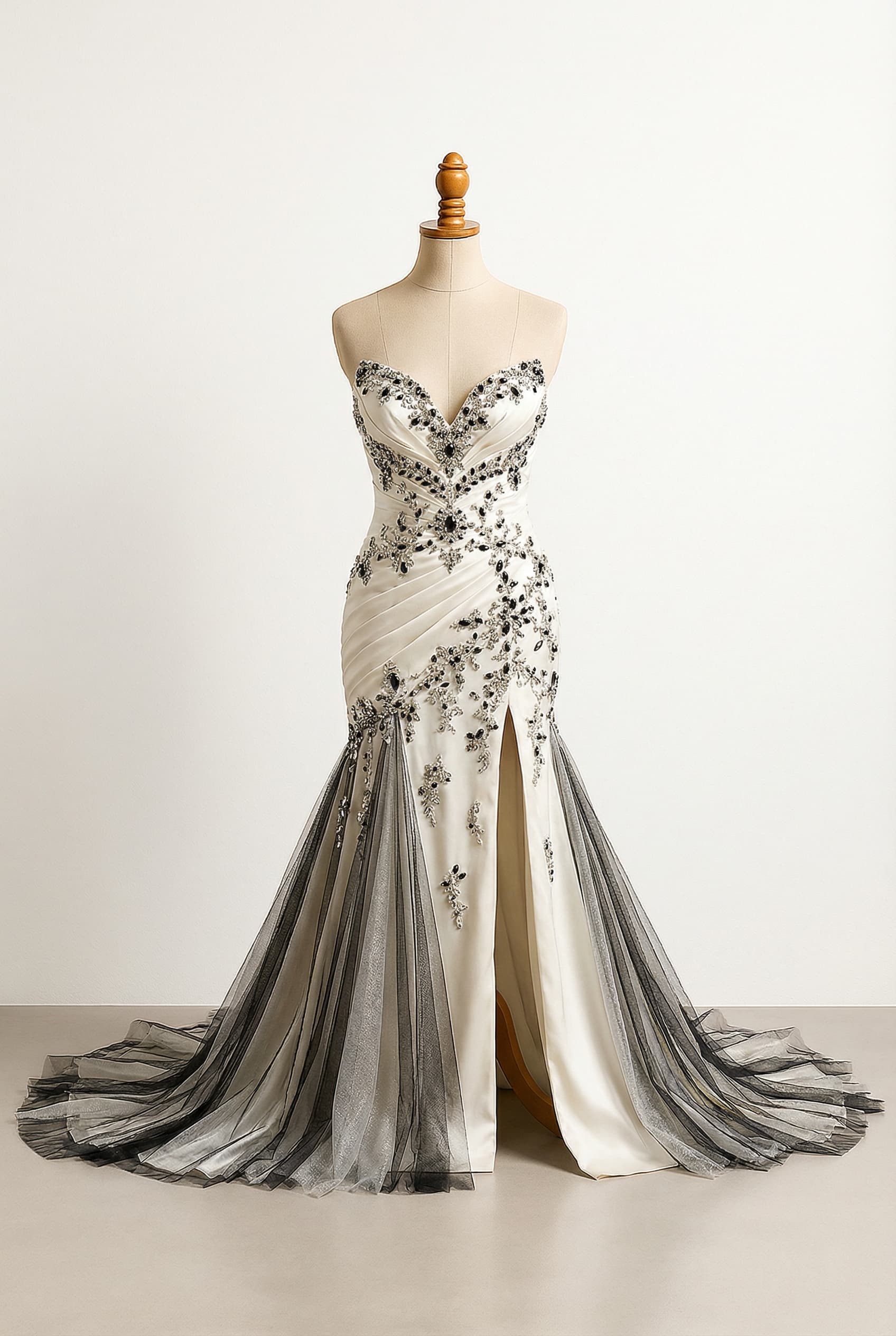 A strapless dress with a sweetheart neckline, an open back, a royal length train, a thigh-high leg slit, embellished with gemstones and rhinestones, and featuring tulle fabric in black and silver.