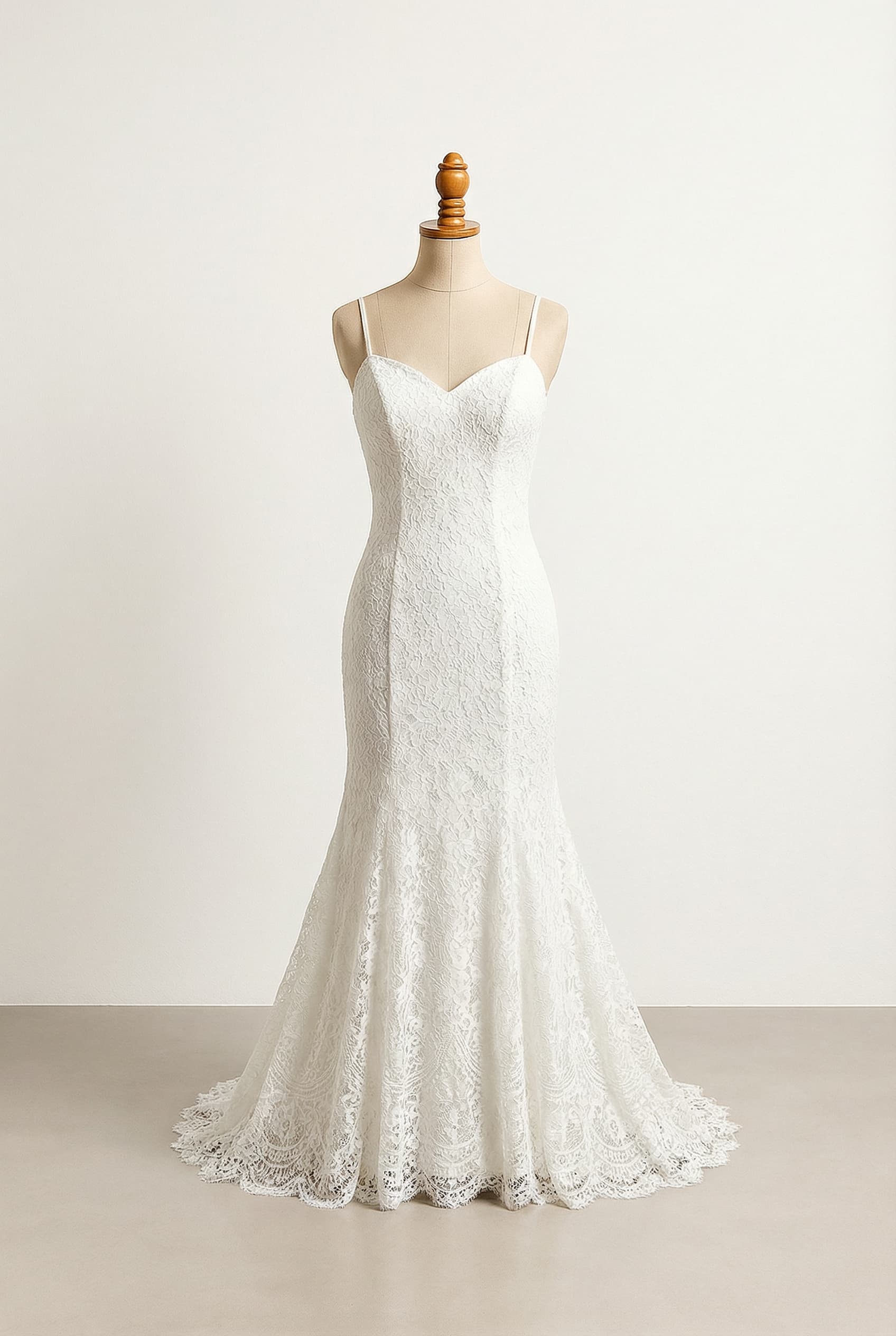 A romantic wedding dress with elegant details; no belt