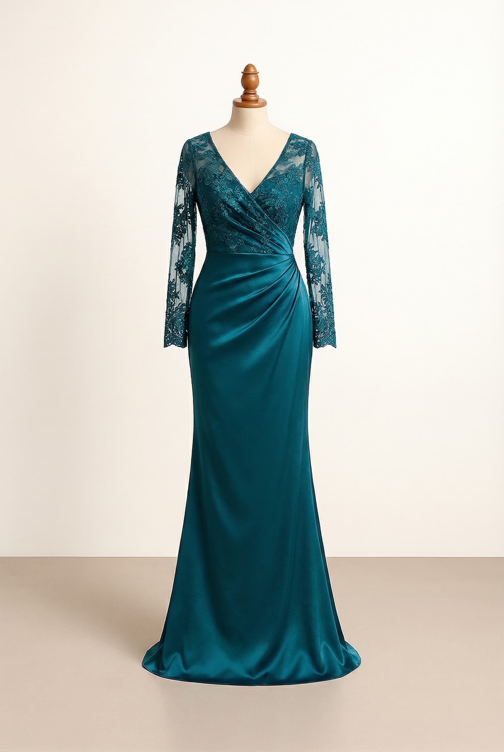 Red carpet evening gown in neon pink, floor-length silhouette, V-neckline, luxury fabric, sophisticated draping, sleeveless; Add lace edge along the neckline