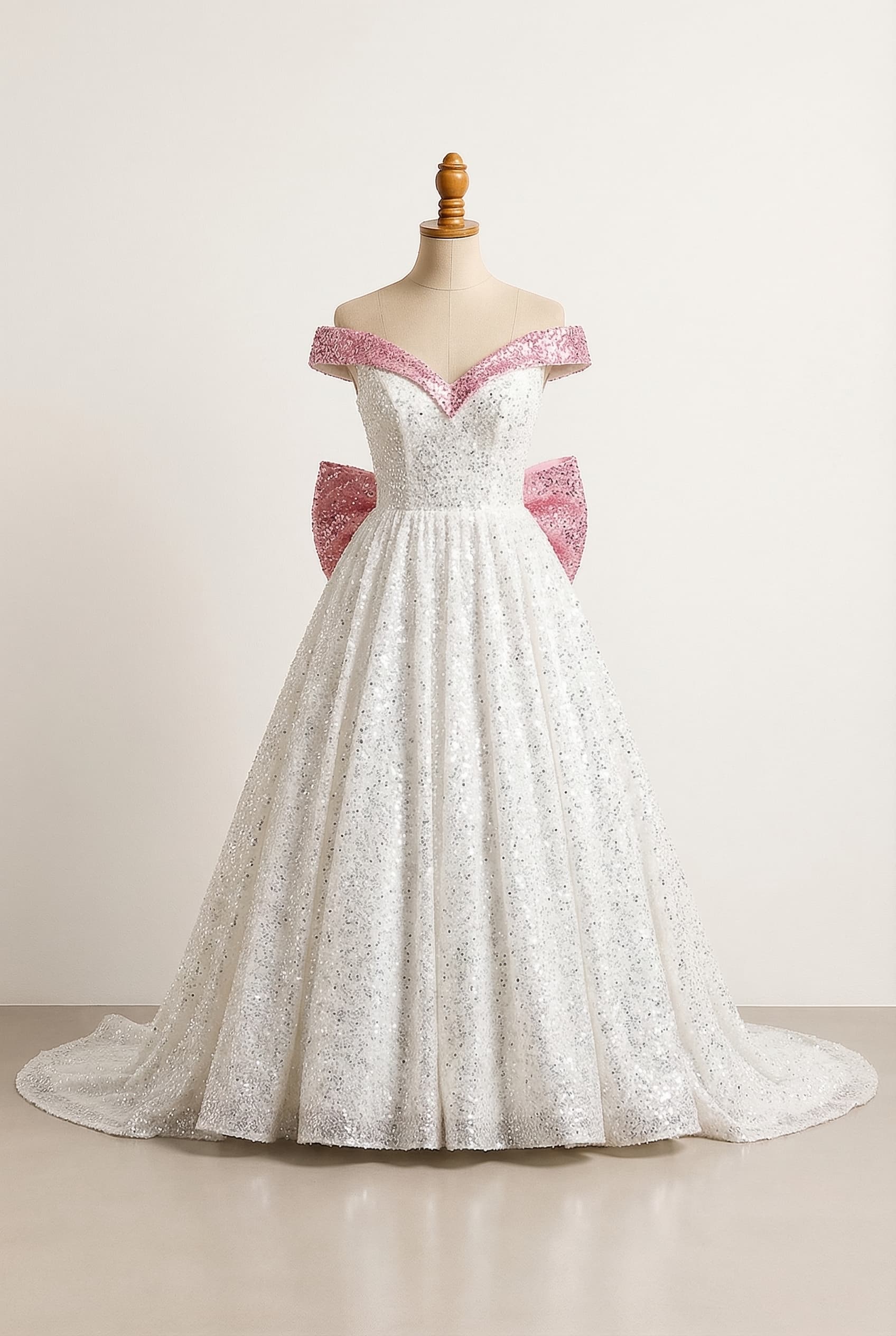 I want a balanced quinceañera dress, a white dress with pink details and a large bow and long trail v neck with a pettie coat, add more pink details but make it lighter