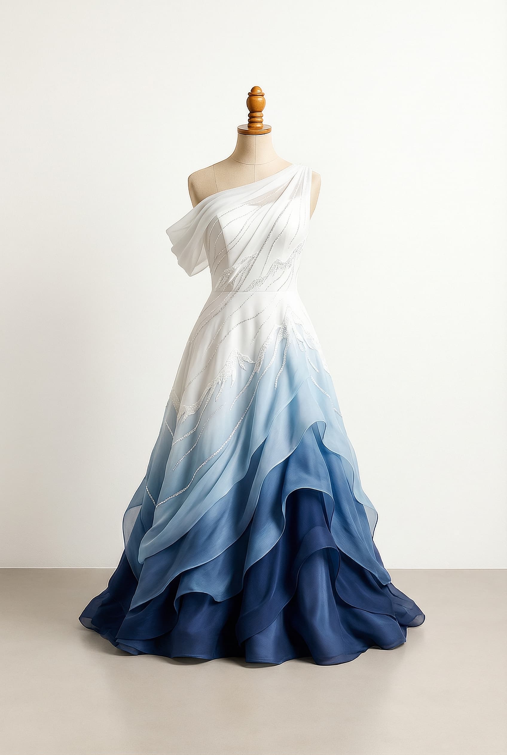 A prom dress with a white top transitioning to soft blues then deep navy blue. Delicate lines of different blues and lengths with whitish or silver glitter flow across the dress. It's body-hugging down to just below the bust line, where the soft blues begin, deepening towards the waist and hips. The lower section features flowy, wave-like parts. The neckline is off-shoulder on one side with a flowy part on the other shoulder. The dress symbolizes the sea and snowy mountains.