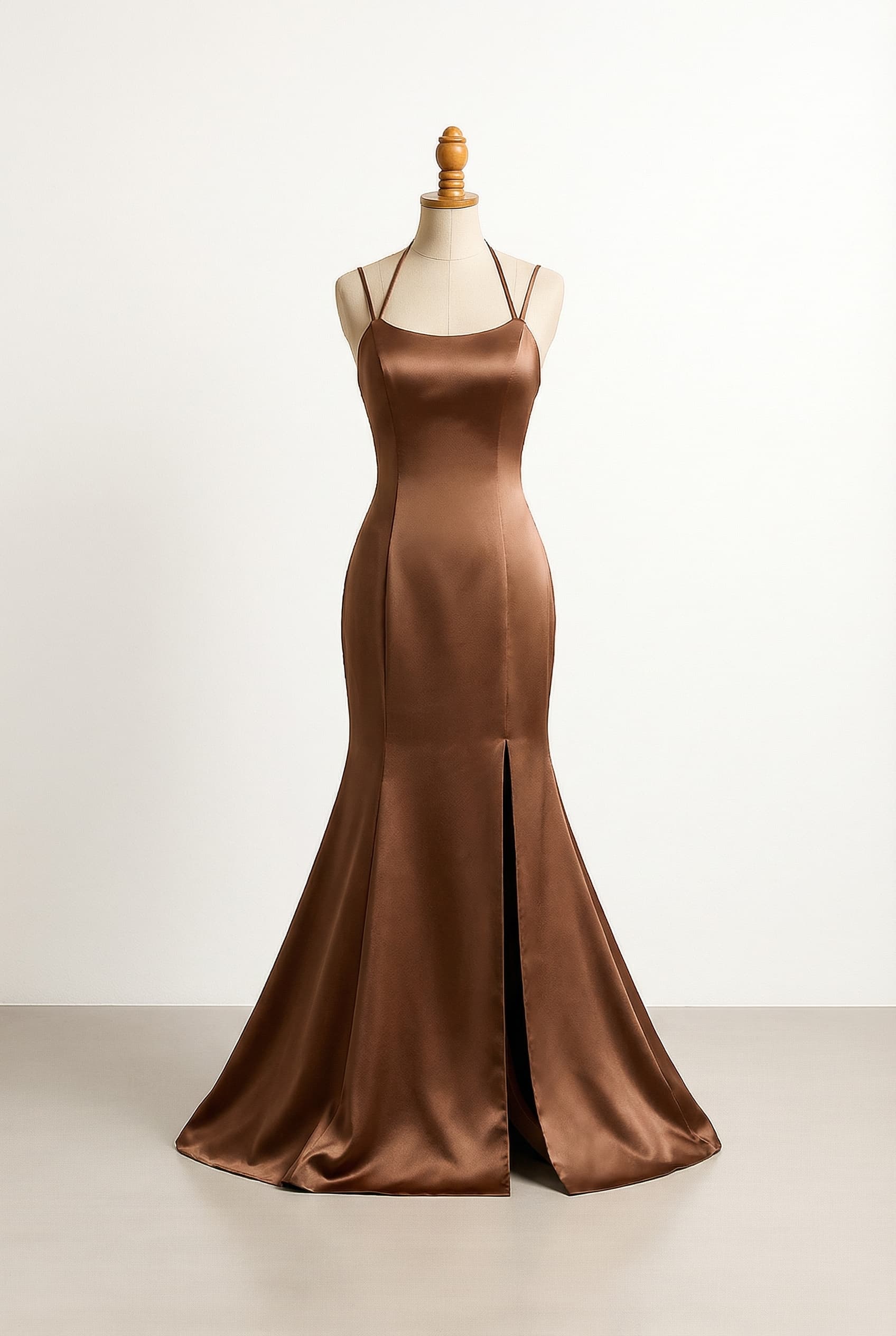 balanced prom dress brown satin dress halter strap spaghetti strap with a slit