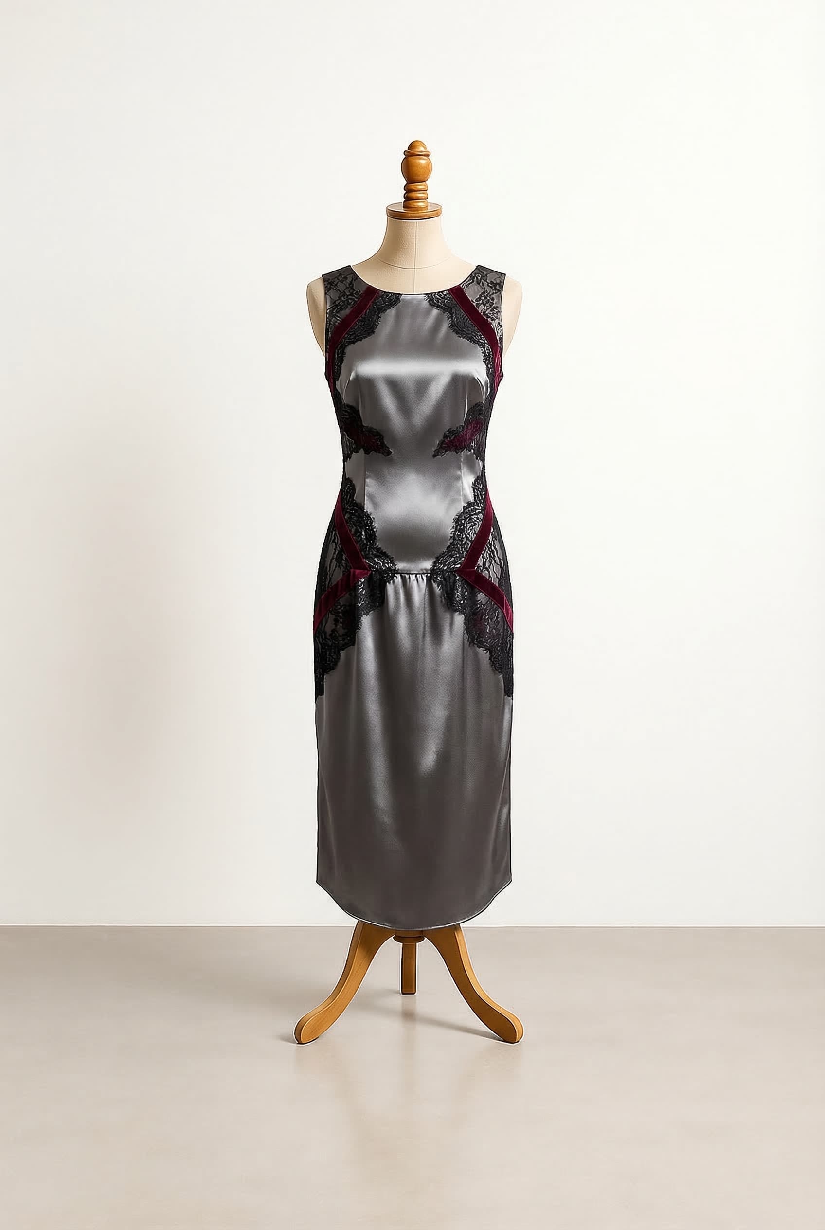 Silky slinky dark silver dress with black lace and dark red accents