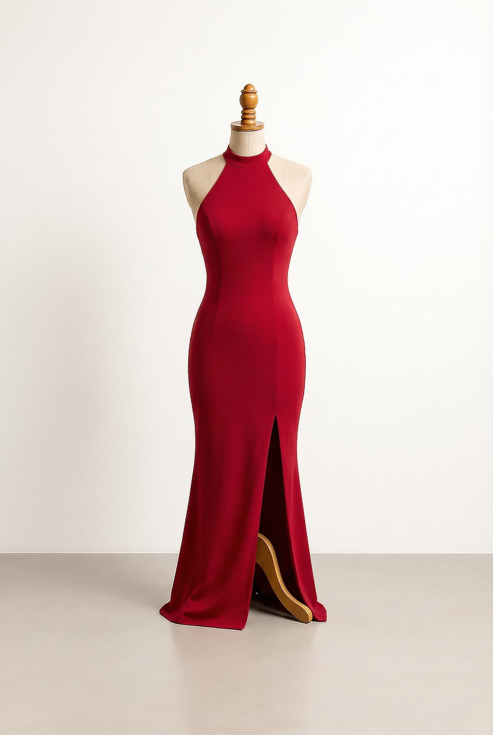 I want a balanced prom dress, red prom dress long that’s form fitting like a glove, has a slit, open back, and a halter neck