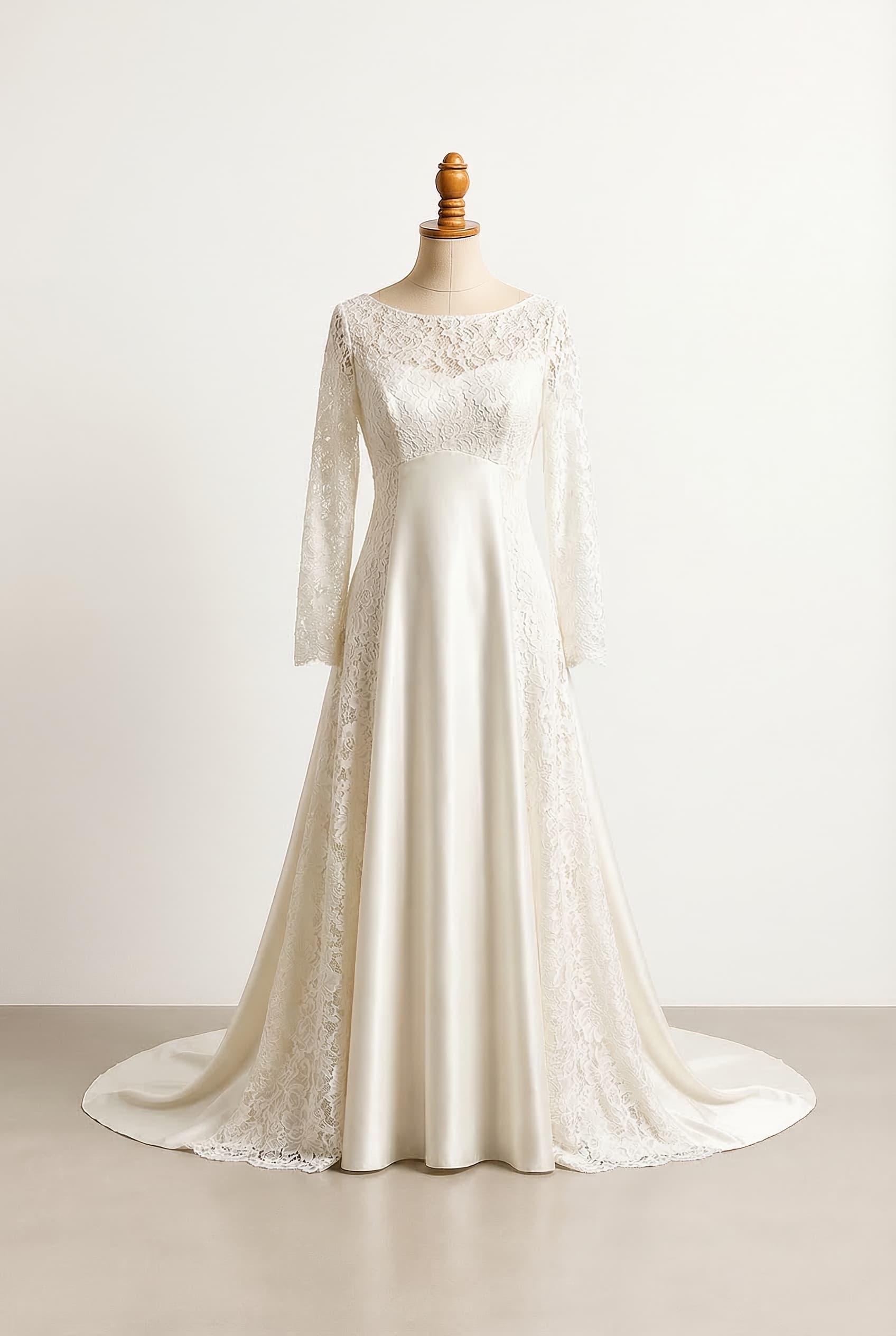 I want a modest wedding dress with an empire waist silhouette, and lace over satin. The entire dress is made of lace.