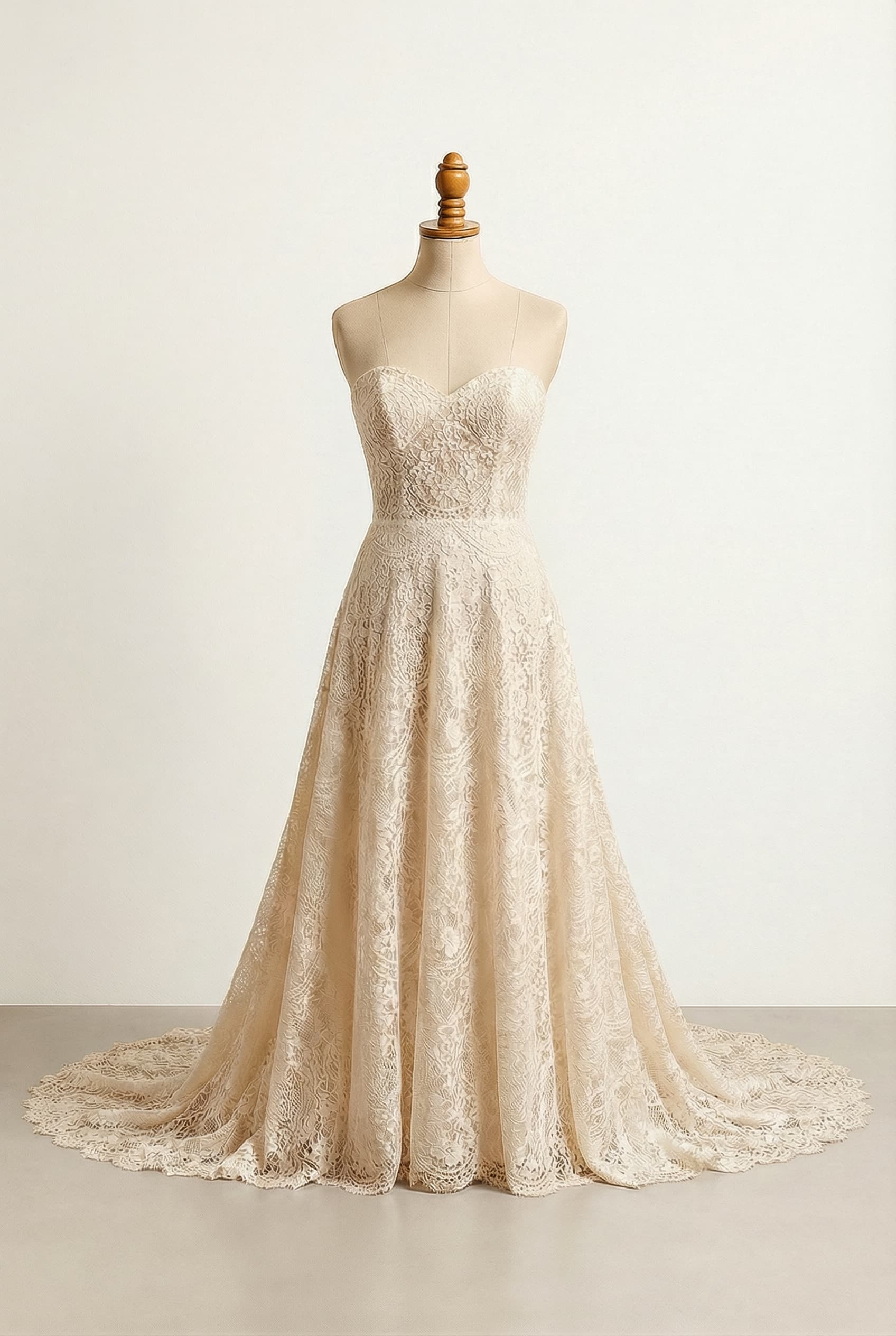 Wedding dress with a sweetheart neckline, champagne color, and a cathedral train.; Enhance champagne color