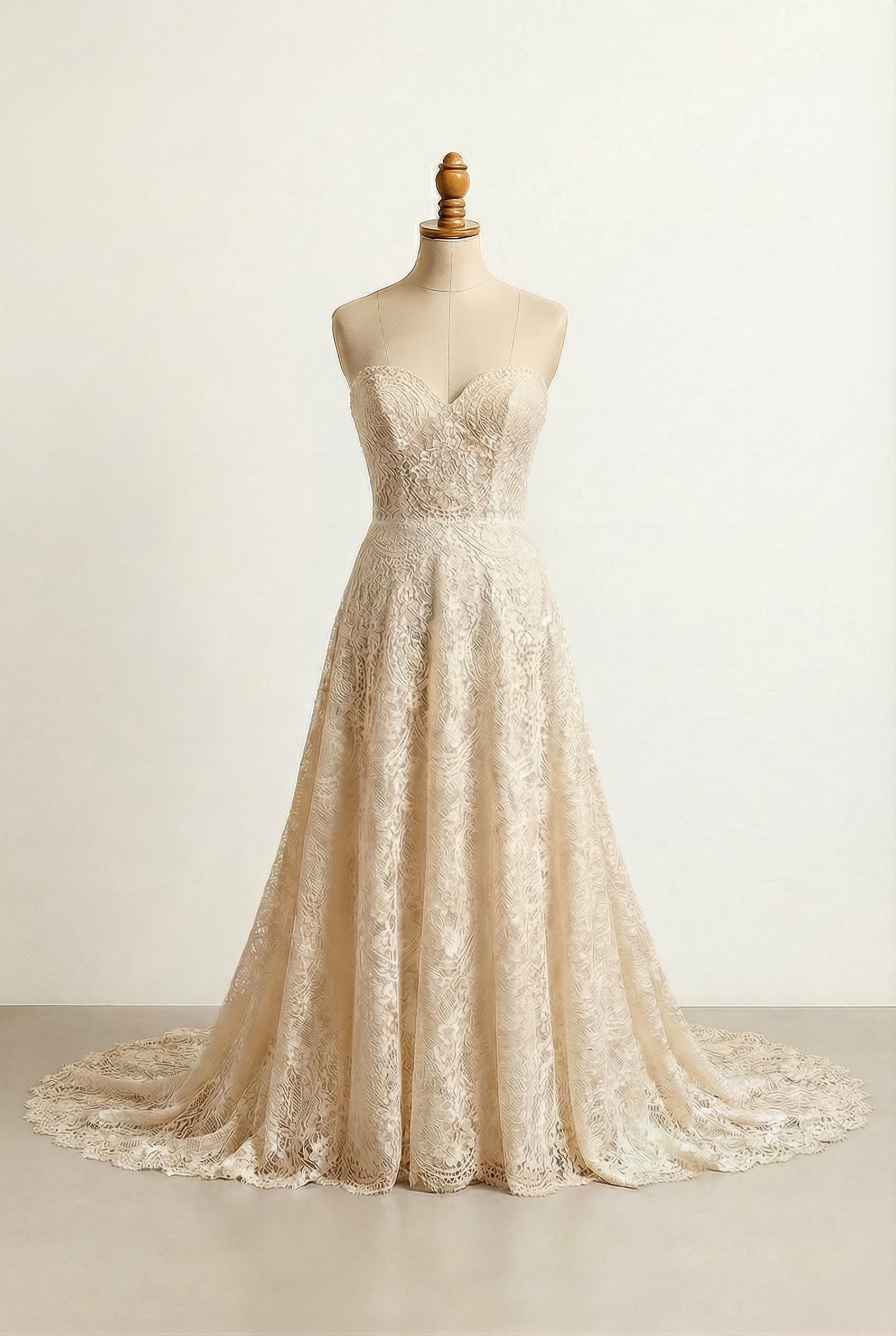 Wedding dress with a sweetheart neckline, champagne color, and a cathedral train. Lace fabric. Enhance champagne color.