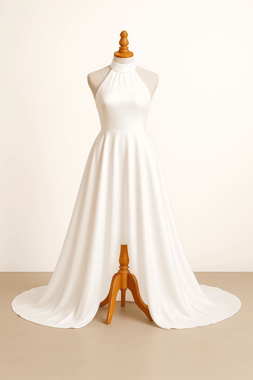 An arctic white wedding dress with a romantic flow; slightly shorter