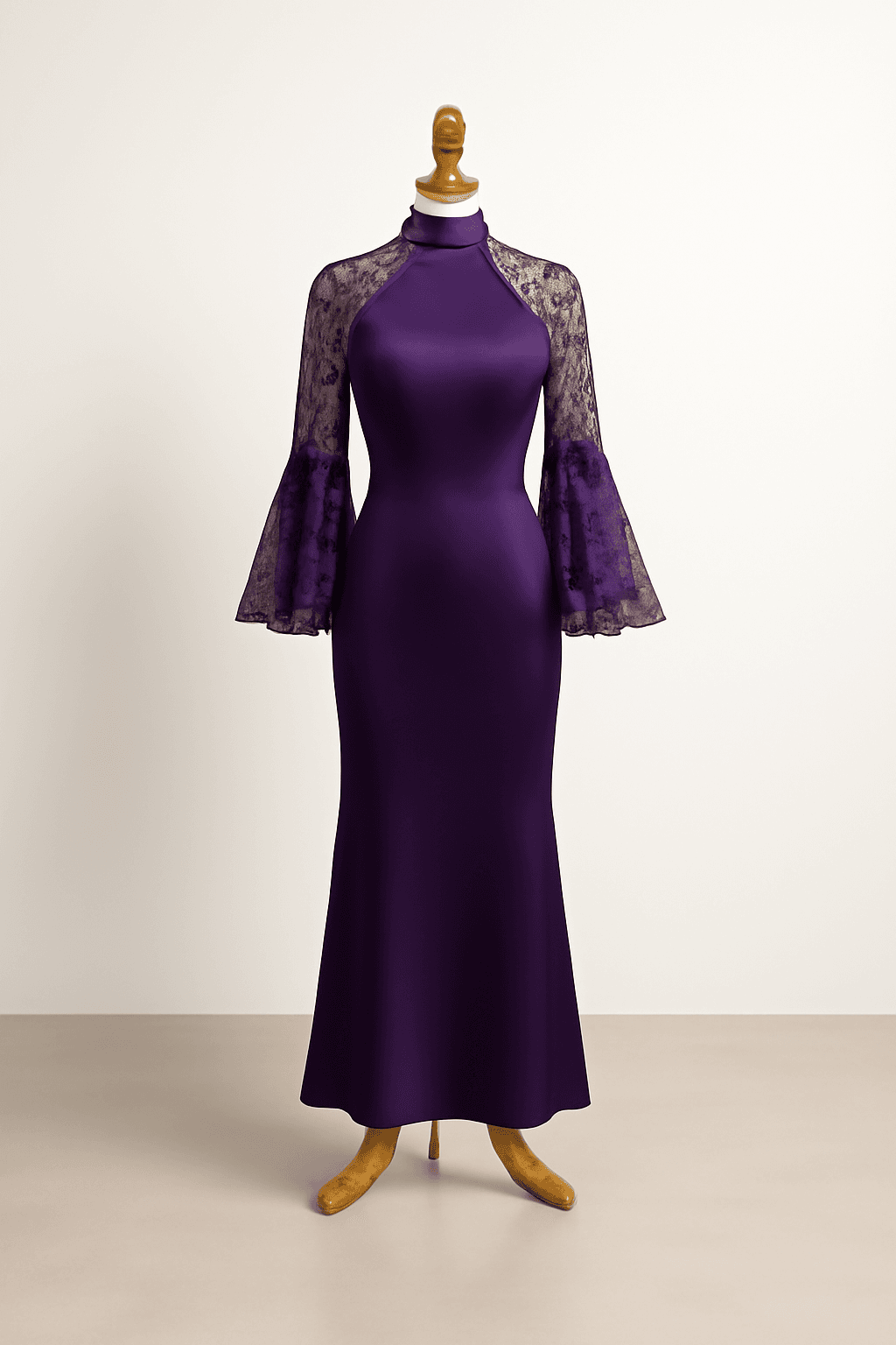An evening gown in deep purple with delicate lace sleeves