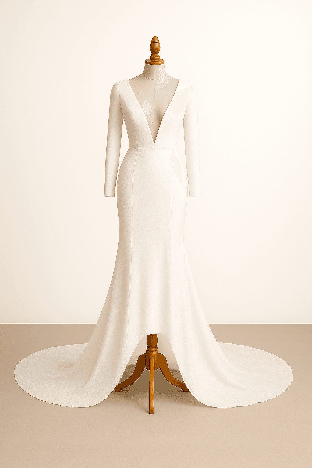 An arctic white wedding dress with a romantic flow; Cathedral length