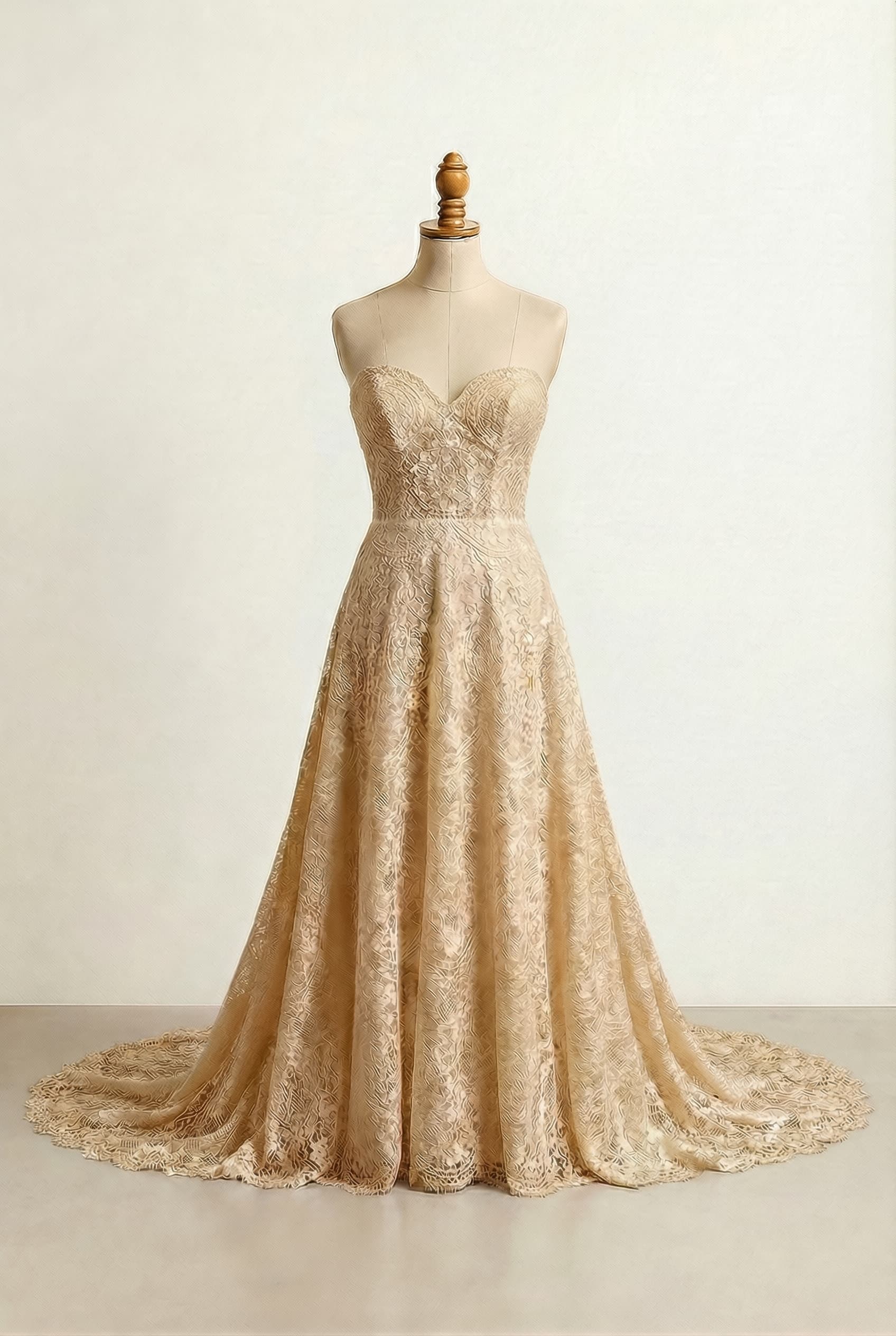 Wedding dress with a sweetheart neckline, champagne color, and a cathedral train.; Enhance champagne color