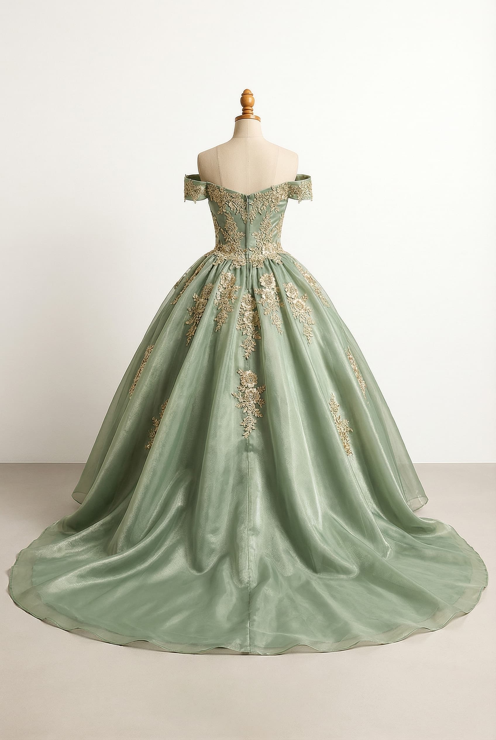 balanced quinceanera dress princess silhouette blush enchanted garden elegance sparkling fairytale ball transparent fabric with flowers and with gold Royal - Very long dramatic train Off-the-Shoulder