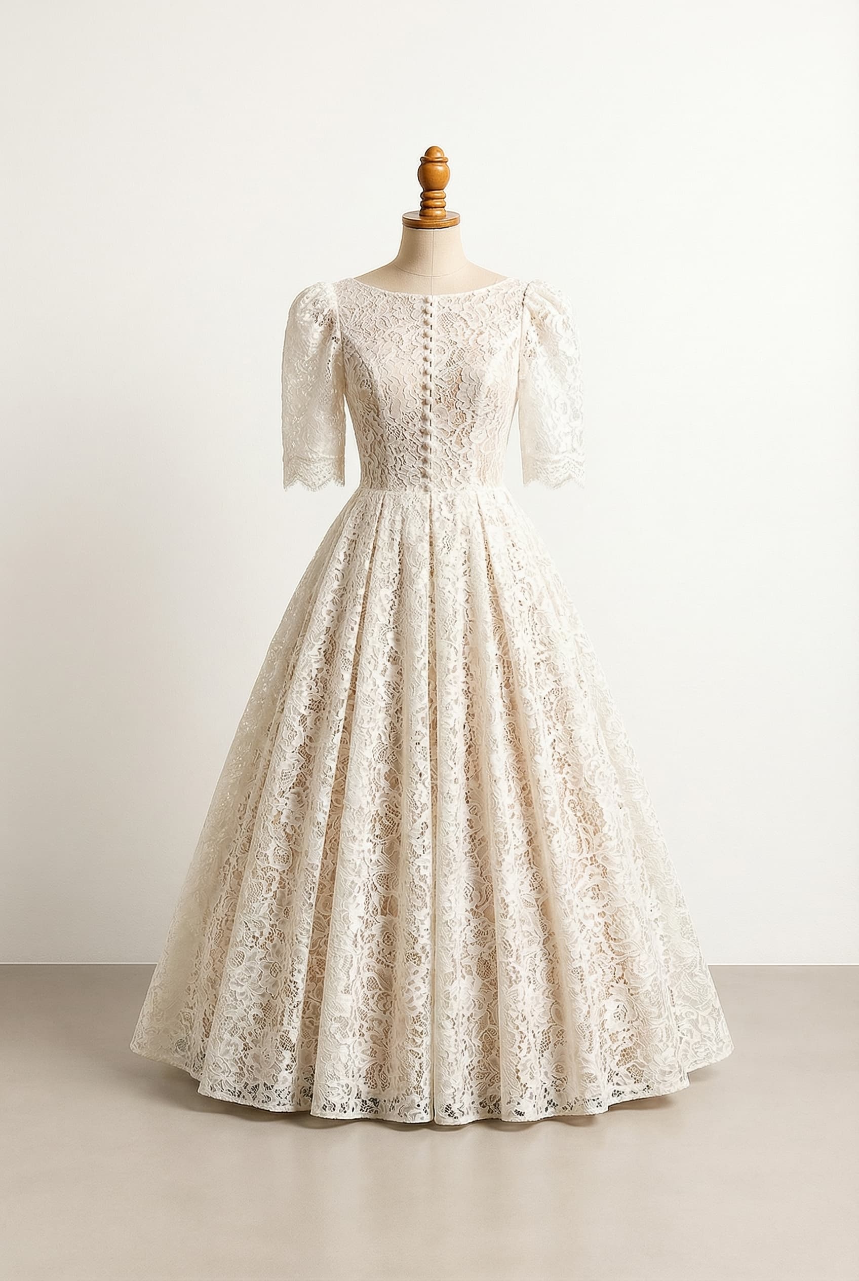 Ball Gown / Princess silhouette with a bateau neckline, elbow-length puffed sleeves with lace trim, and fabric-covered buttons down the bodice