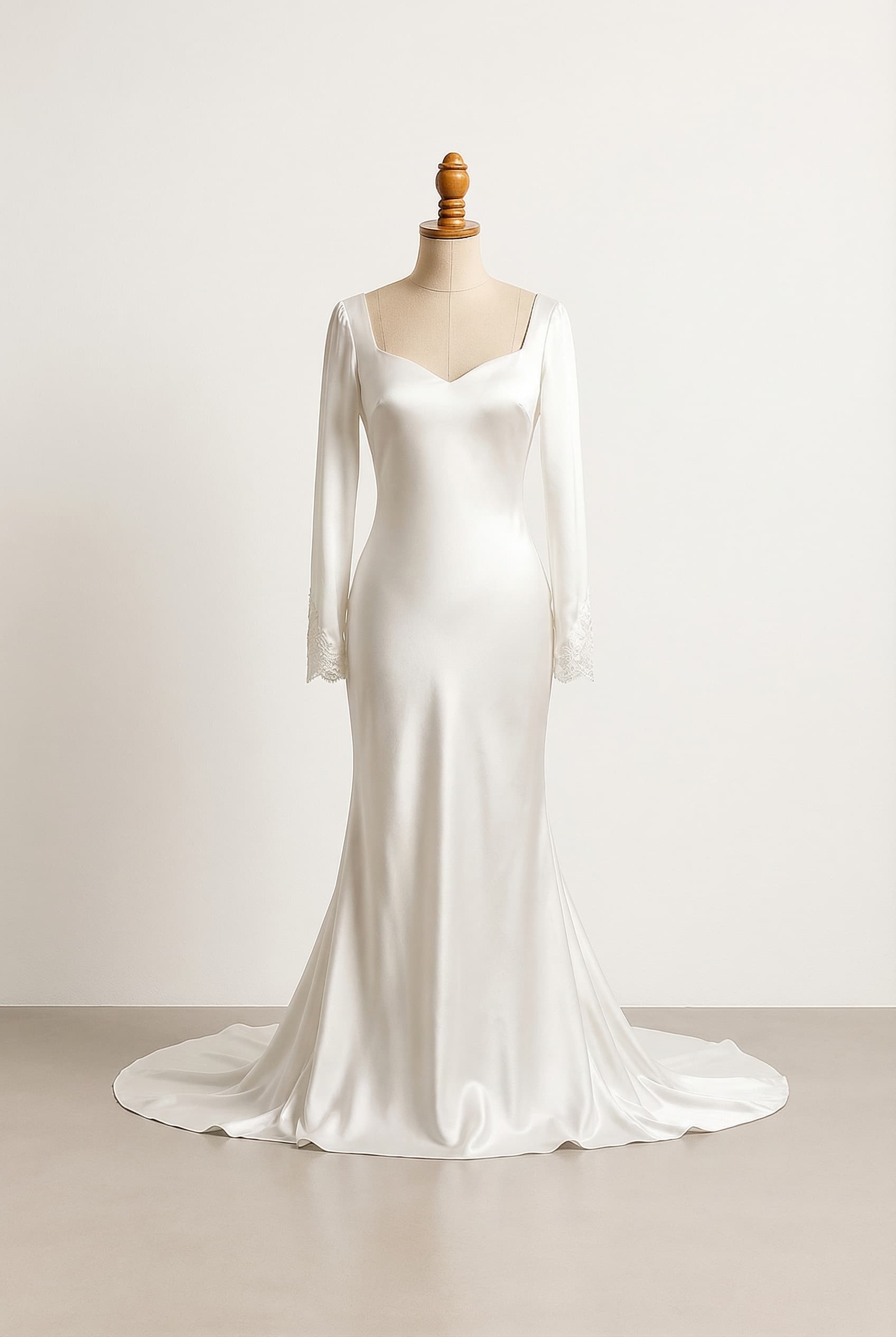 Fitted gown with sleeves in White Cathedral - Long train (2-3 feet+) Sweetheart - Heart-shaped curved neckline, Silk Charmeuse - Lustrous, lightweight silk with a smooth drape
